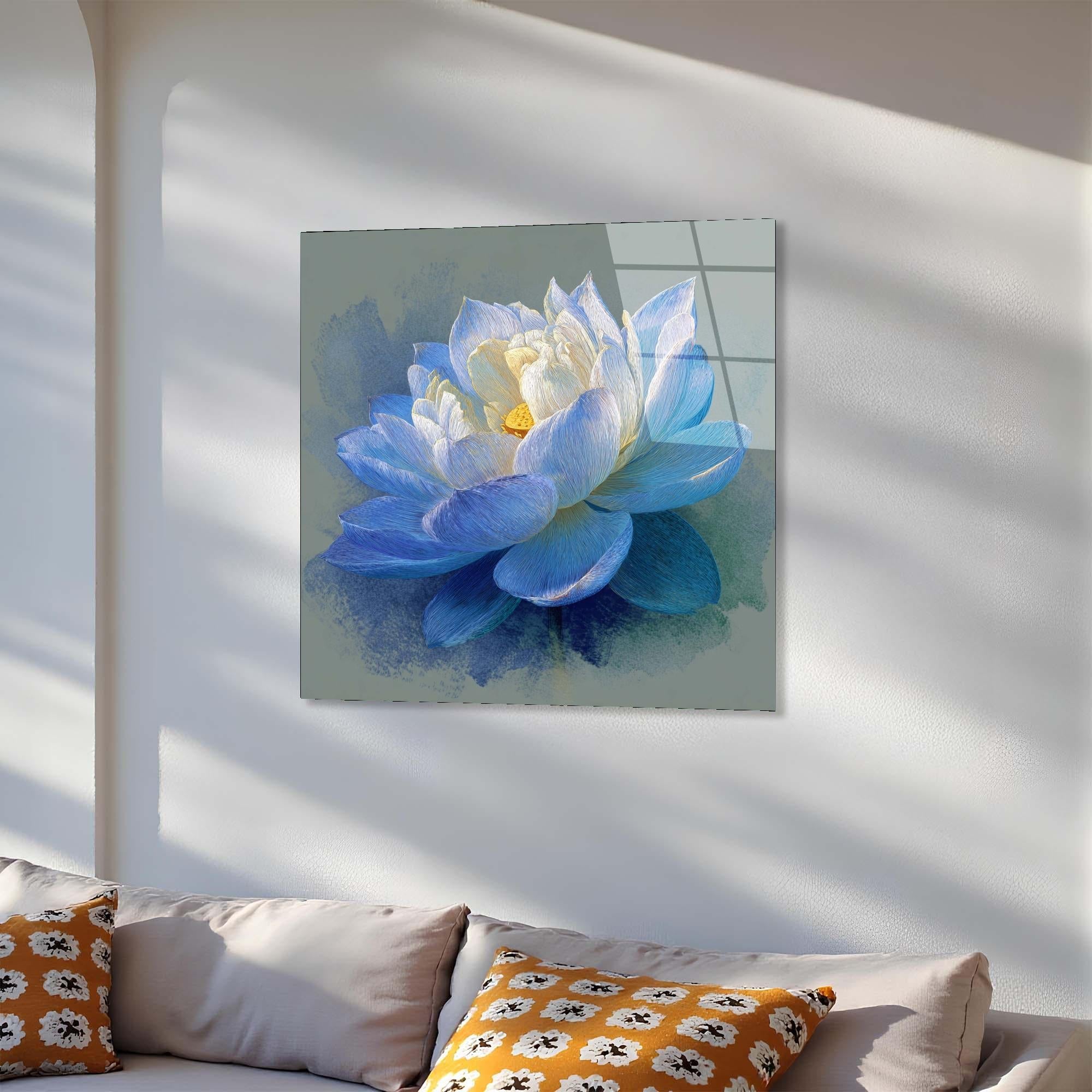 Blue Lotus Tempered Glass Wall Art | Zen Floral Home Decor
