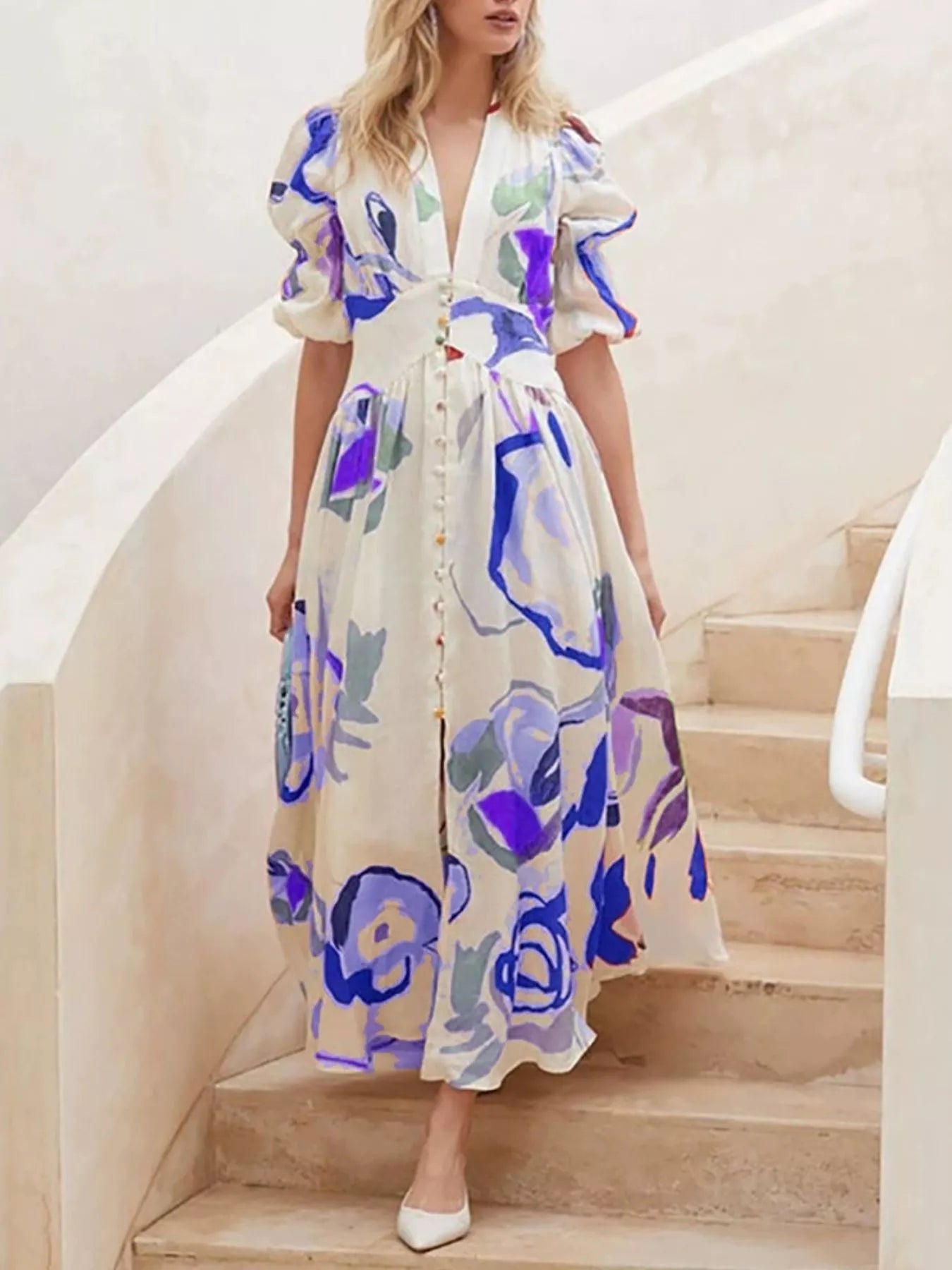 Full Size Abstract Print Puff Sleeve Midi Dress Plus Size