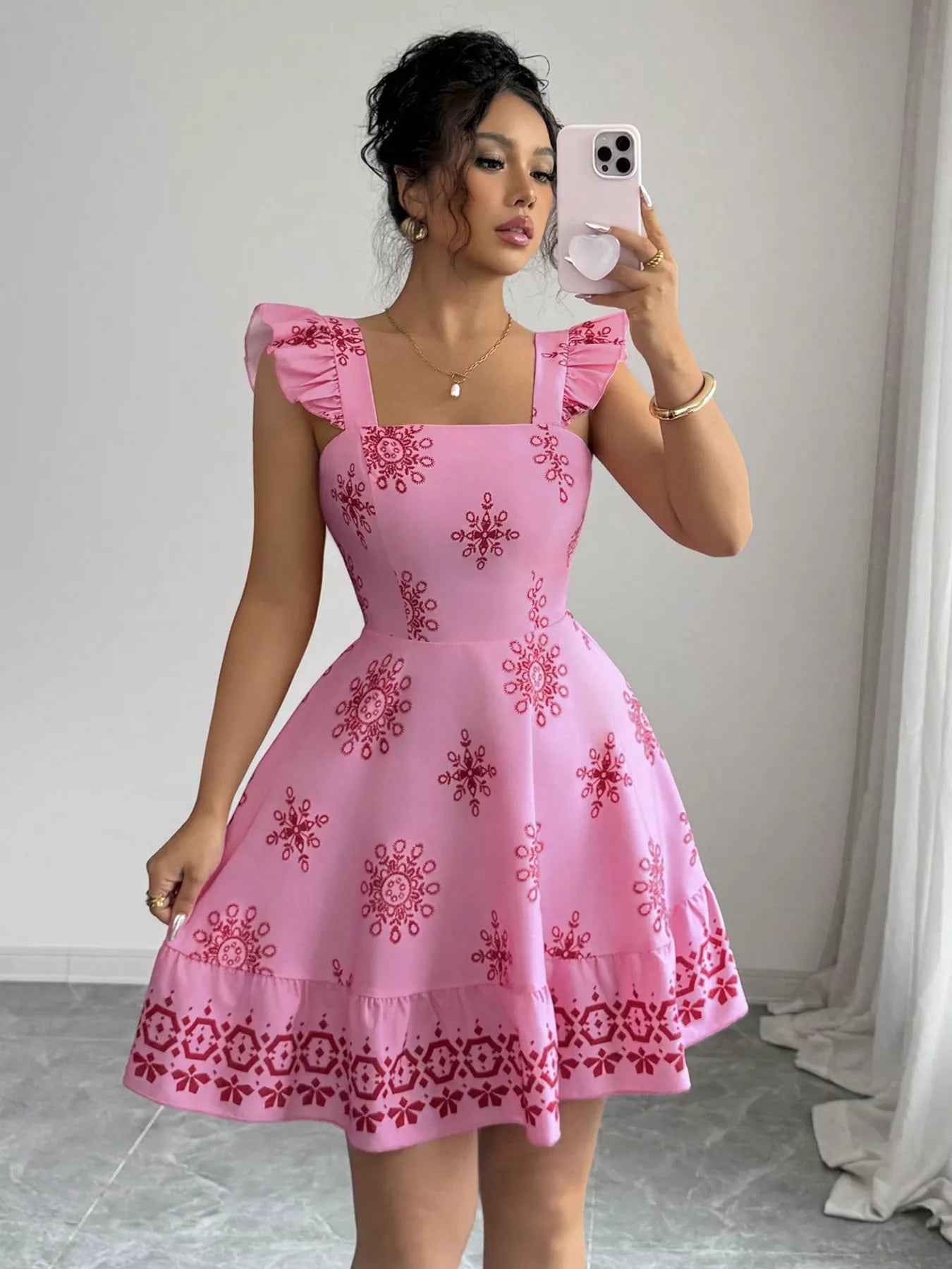 Printed Bow Back Square Neck Mini Dress