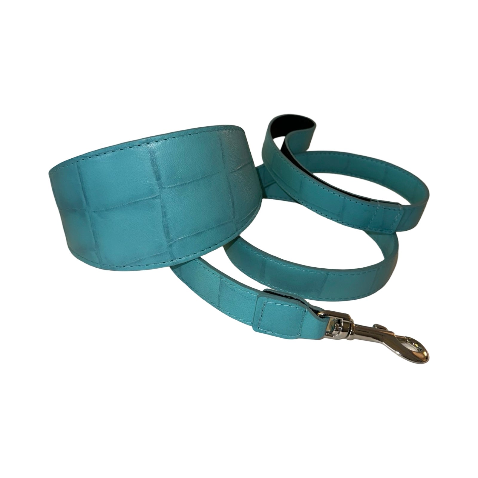 The Tiffany Collection. Gorgeous Turquoise Blue Embossed Croc Italian Leather 3” Wide Style Collar, With Silver Hardware