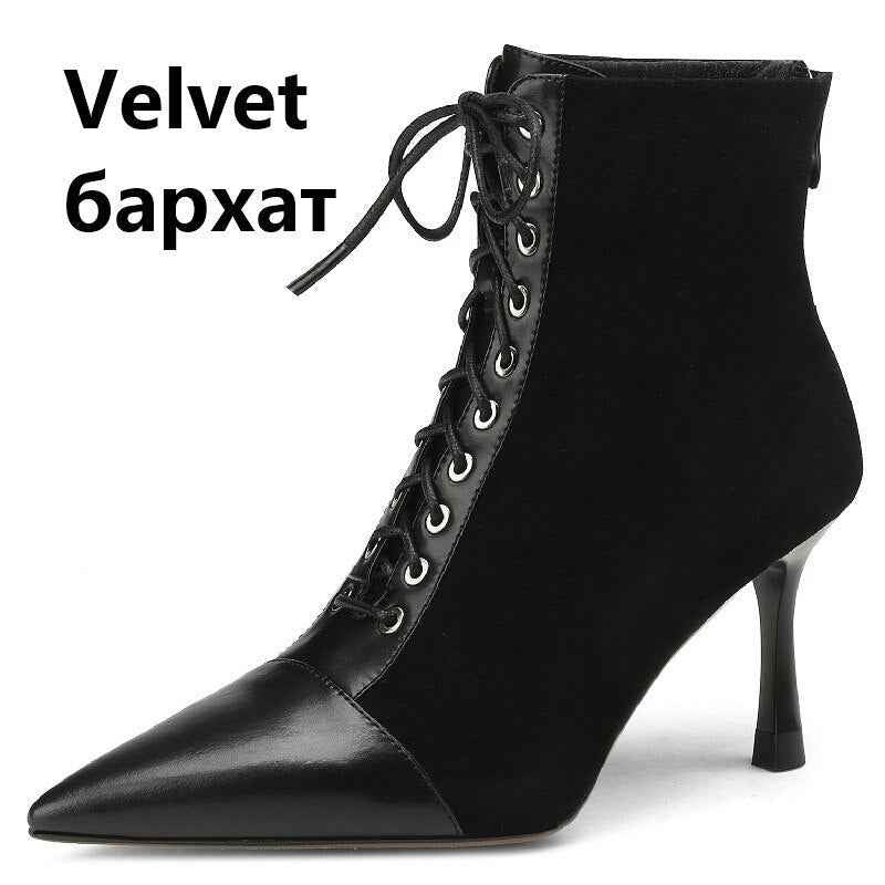 Mature Elegant Women Ankle Boots Pointed Toe Thin High Heels Female Office Genuine Leather Cross-Tied Shoes Woman
