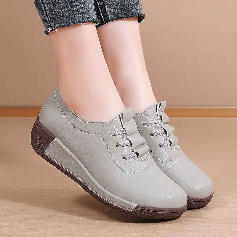 Large Size Sports Shoes for Women, Korean Version Thick Sole Rocking Shoes for Women, Genuine Leather Slip-On Wedge Heel Casual Mother Shoes