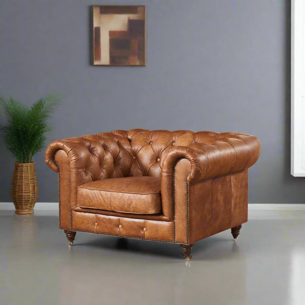 Century Chesterfield Arm Chair - Light Brown Leather