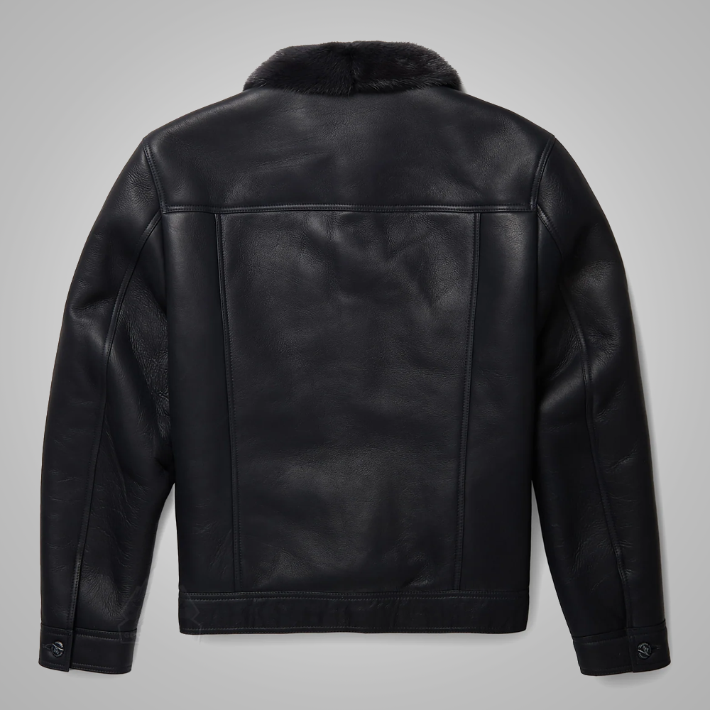 New Men Black Sheepskin Real Shearling Leather B3 Bomber Flying Trucker Jacket