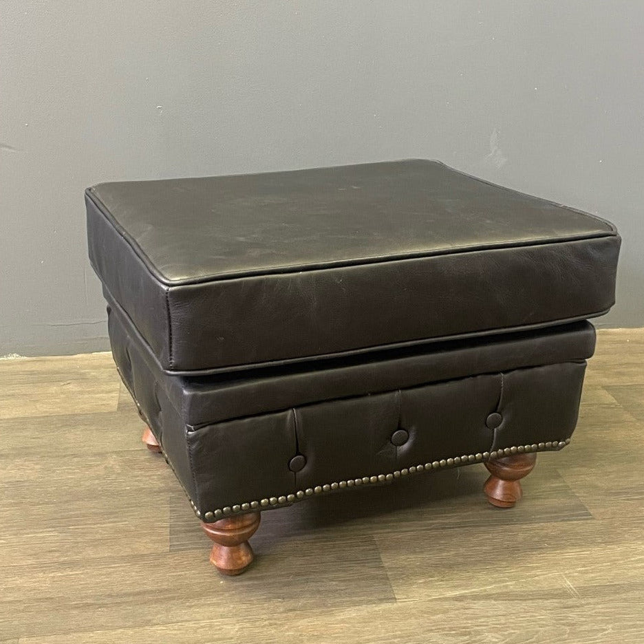 Chesterfield Leather Ottoman - Slate