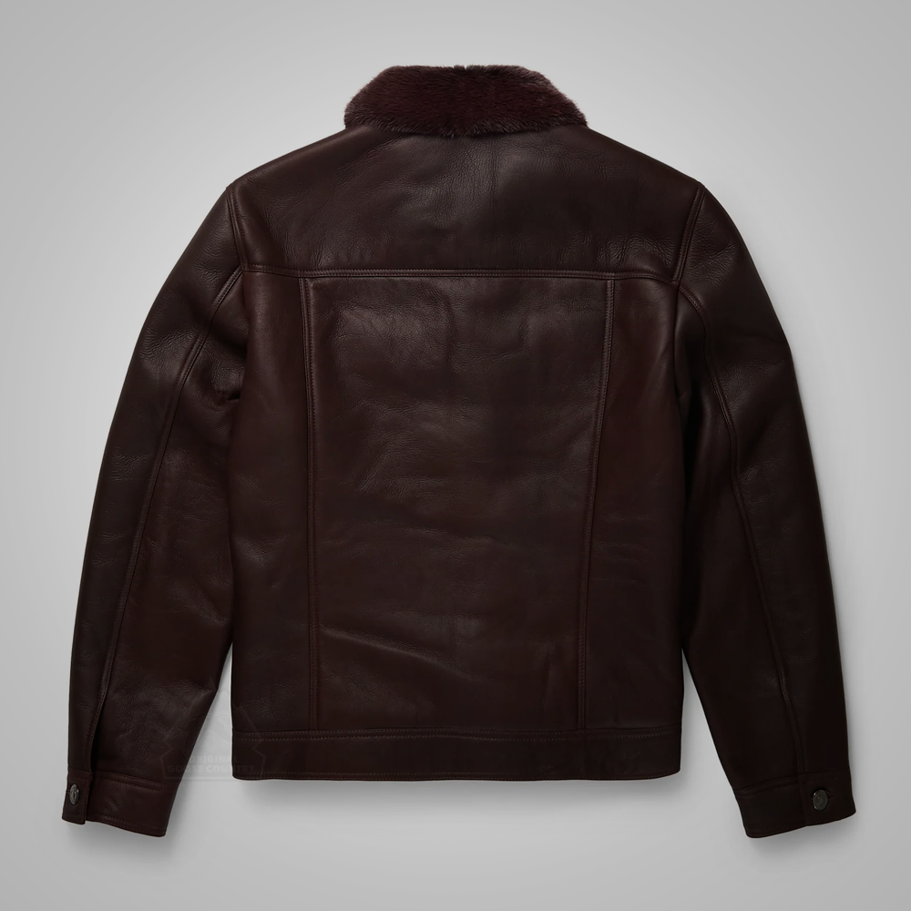 Men's Brown Shearling Real Sheepskin Leather Bomber Flying Trucker Leather Jacket