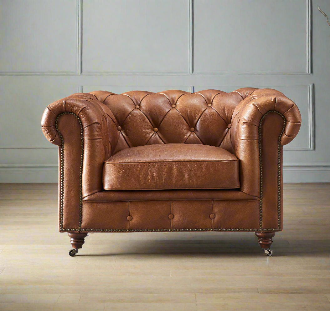 Century Chesterfield Arm Chair - Bark Brown Leather