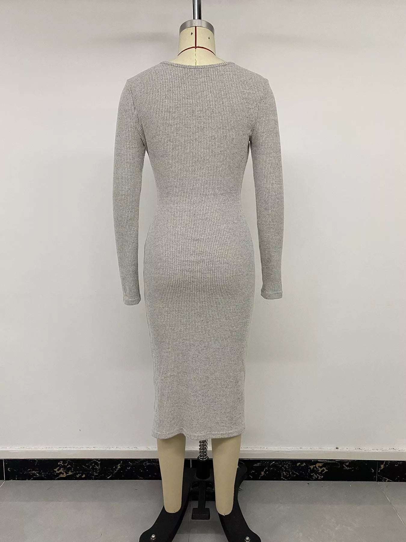 Ribbed Knit Twist Front Long Sleeve Midi Dress with Slit