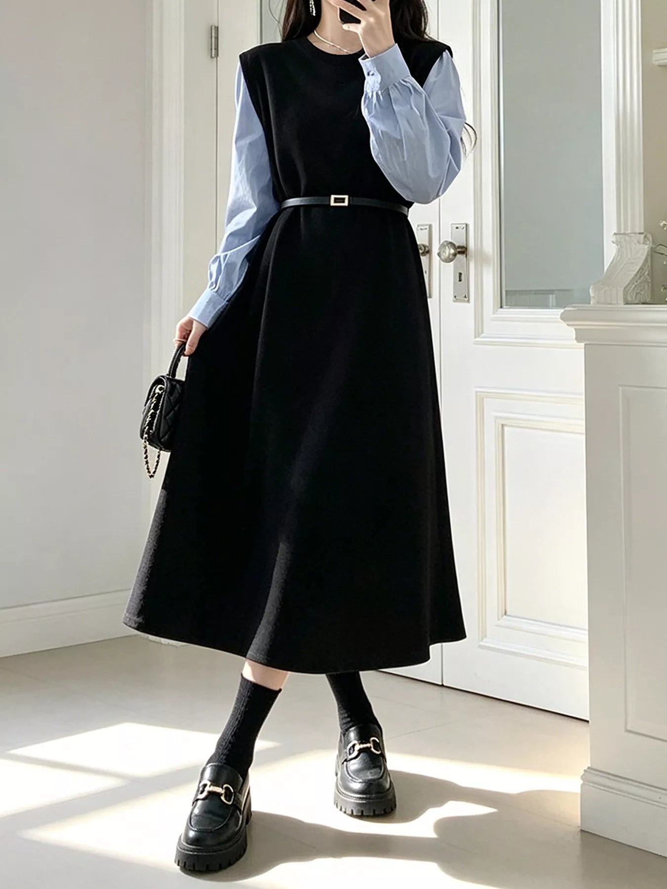 Contrast Sleeve A-Line Dress with Belt