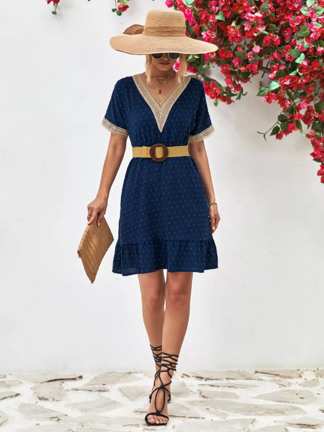 V-Neck Swiss Dot Ruffle Hem Mini Dress
