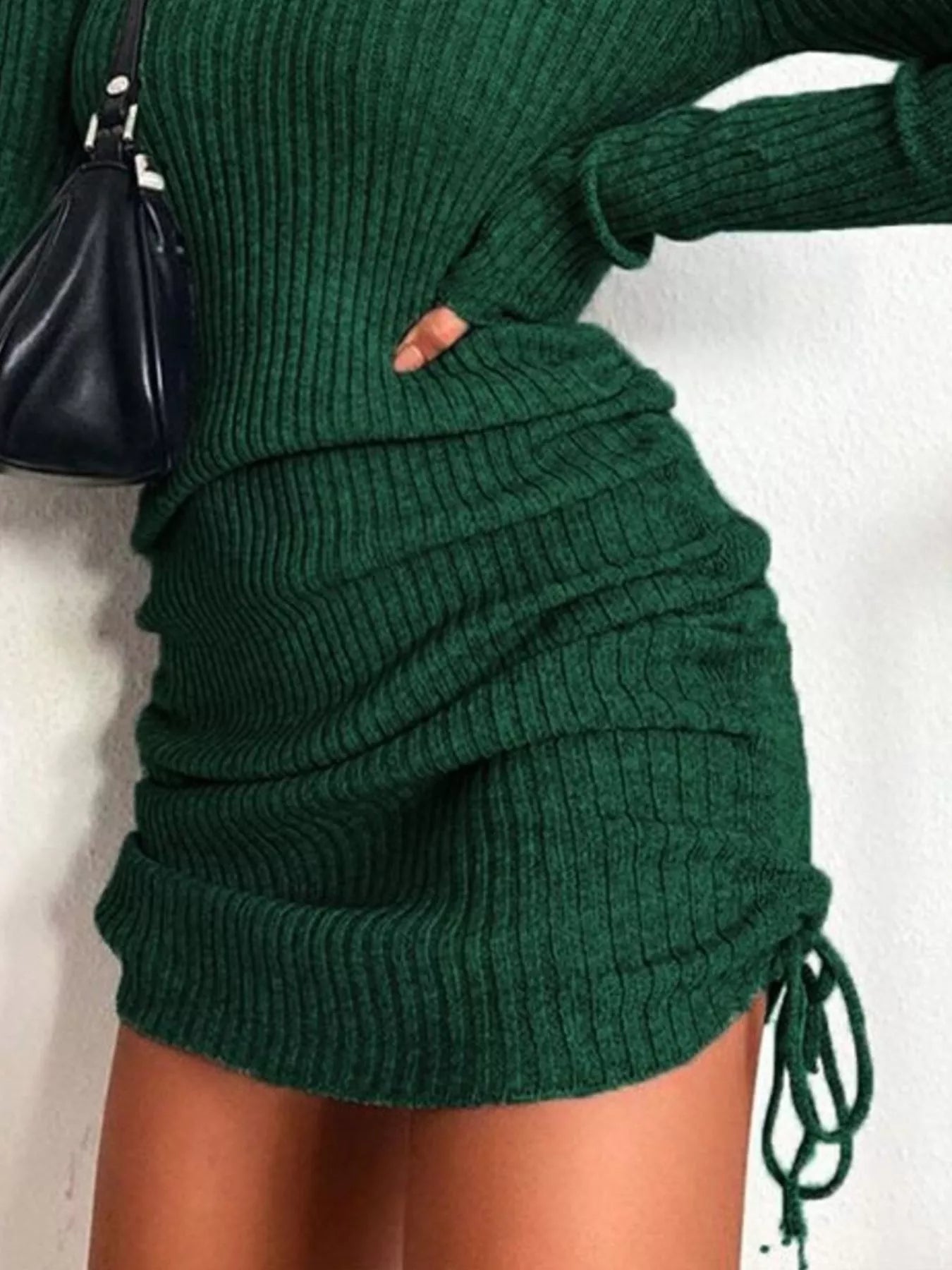 Full Size Ribbed Knit Drawstring Bodycon Sweater Dress Plus Size