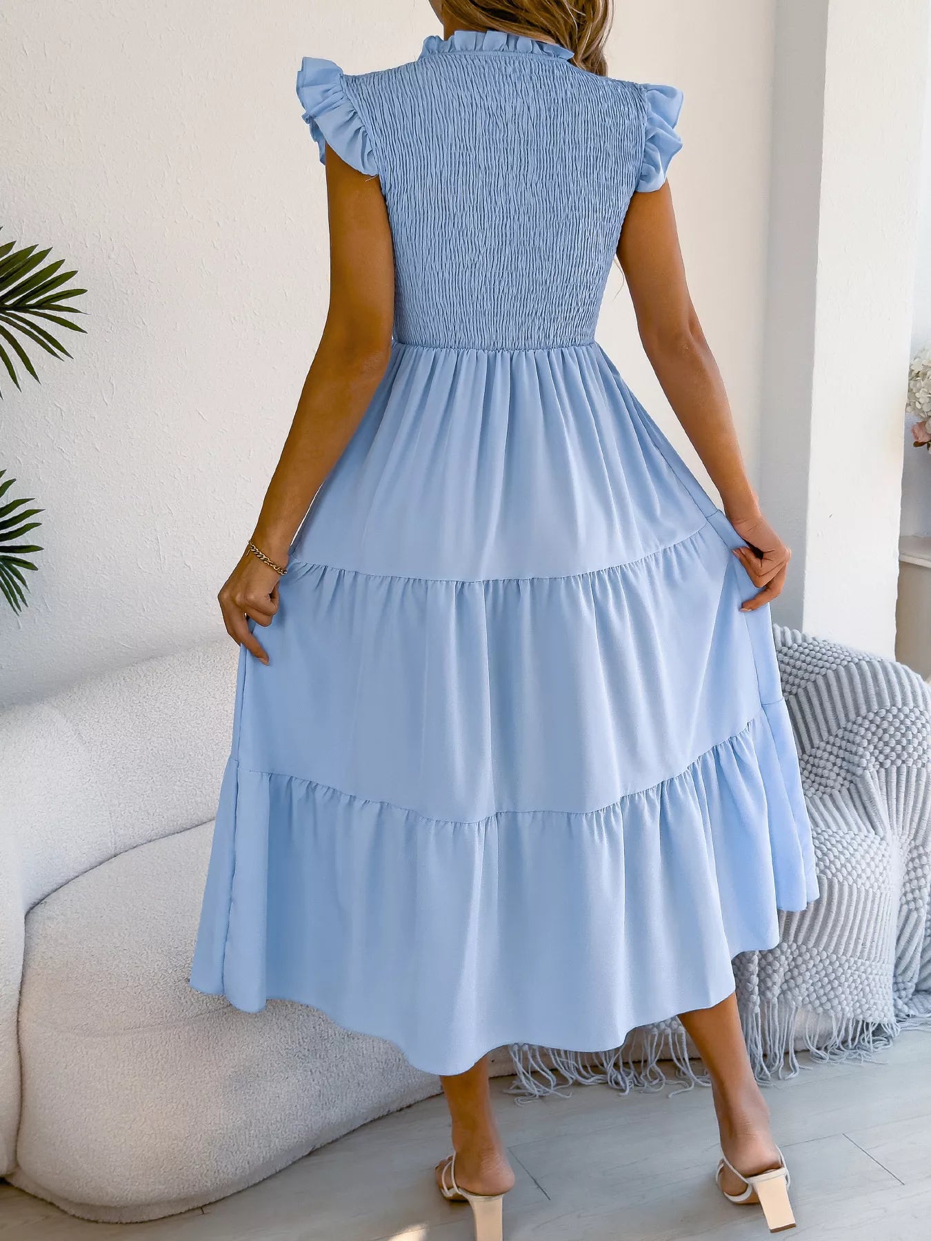 Smocked Ruffled Cap Sleeve Dress