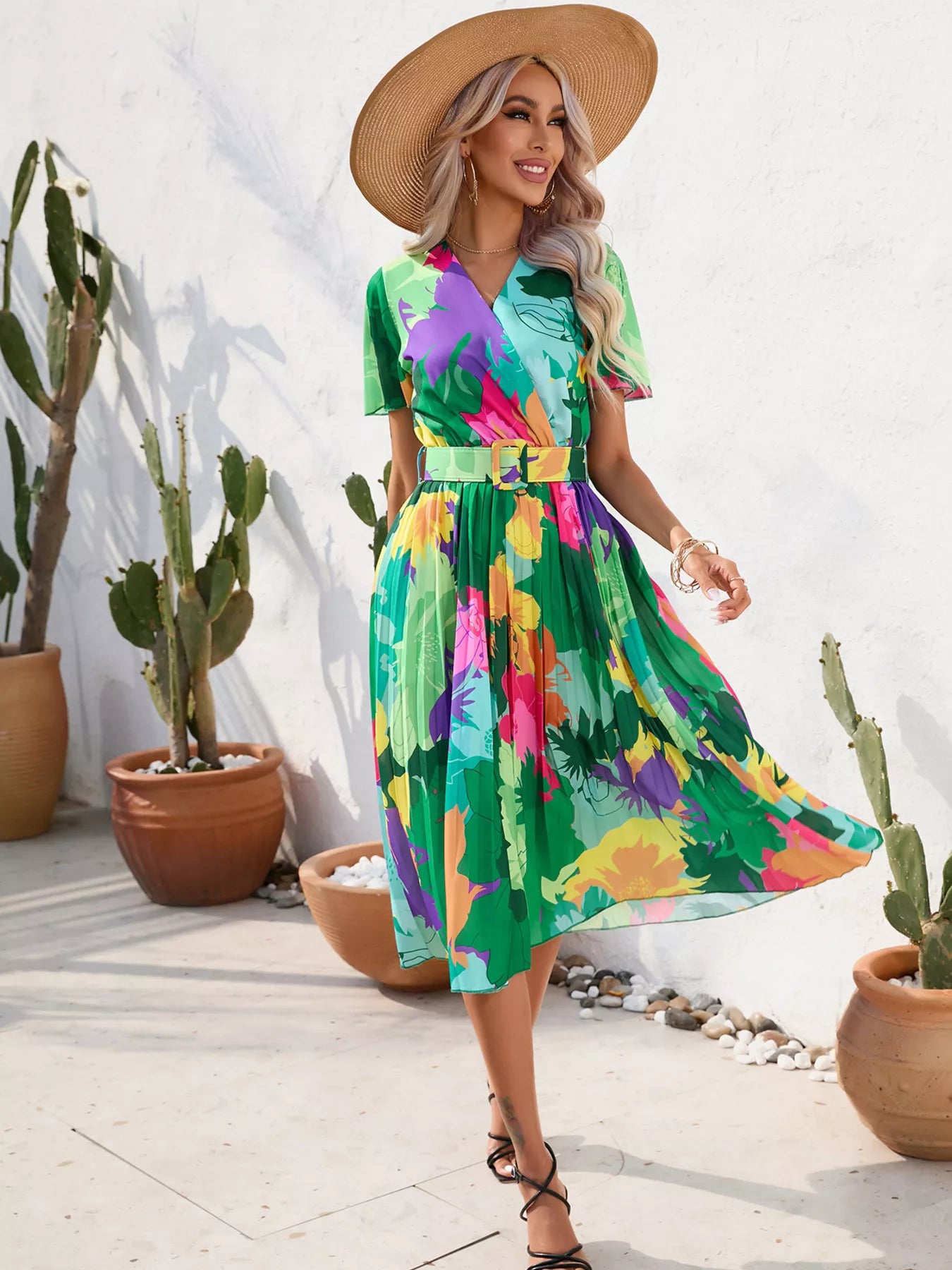 Pleated Tropical Print Belted Midi Dress