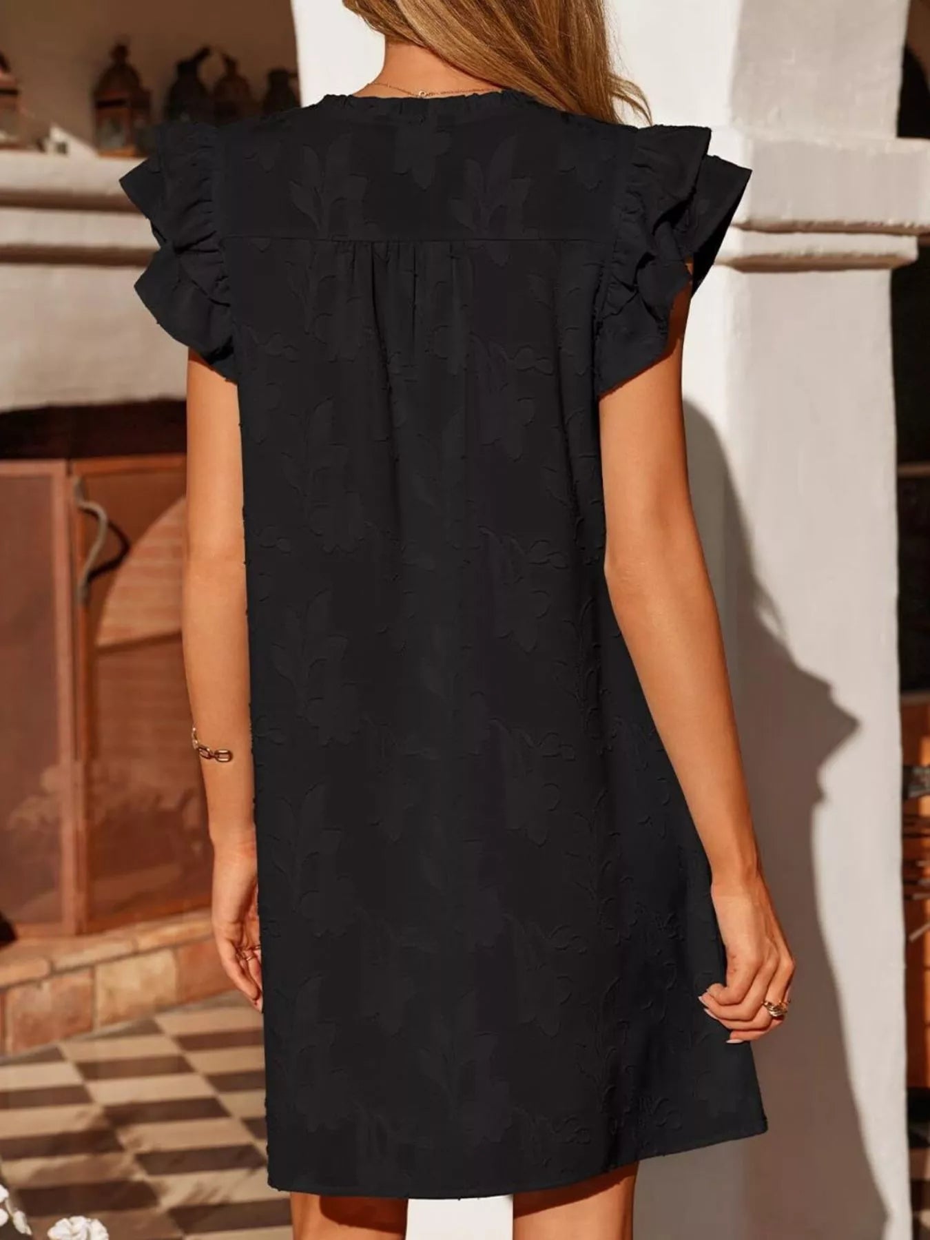 Floral Embossed Ruffle Sleeve Mini Dress