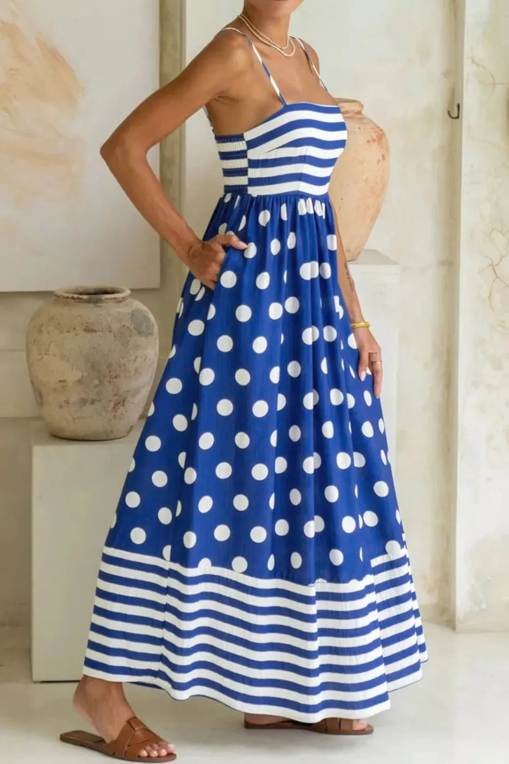 Striped Polka Dot Patchwork High Waist Spaghetti Straps Maxi Dress