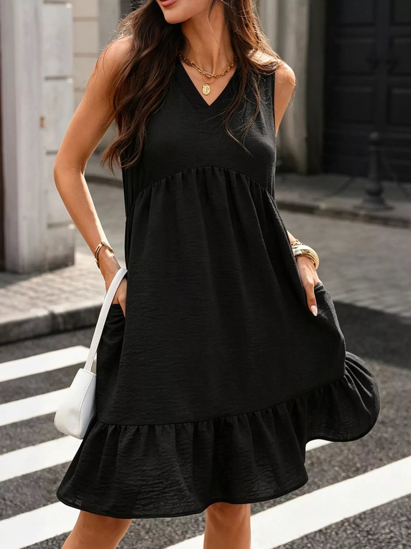 Sleeveless V-Neck Ruffle Hem Casual Dress