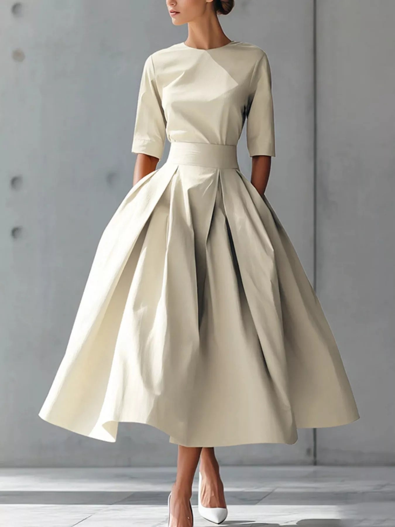 Round Neck A-Line Midi Dress