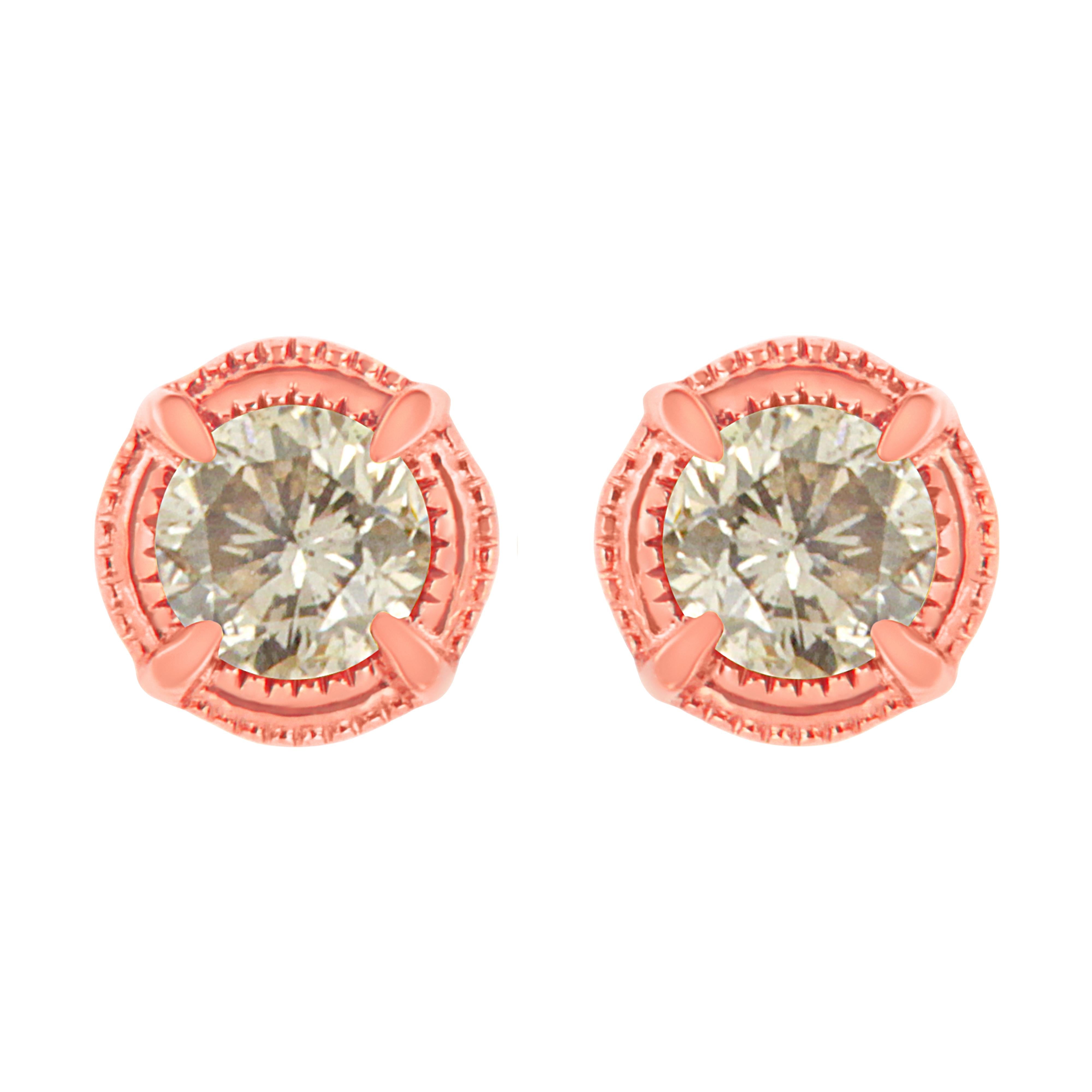 14K Yellow Gold Plated .925 Sterling Silver 1.0 Cttw Round Brilliant Cut Diamond Solitaire Milgrain Stud Earrings (K-L Color, I2-I3 Clarity)