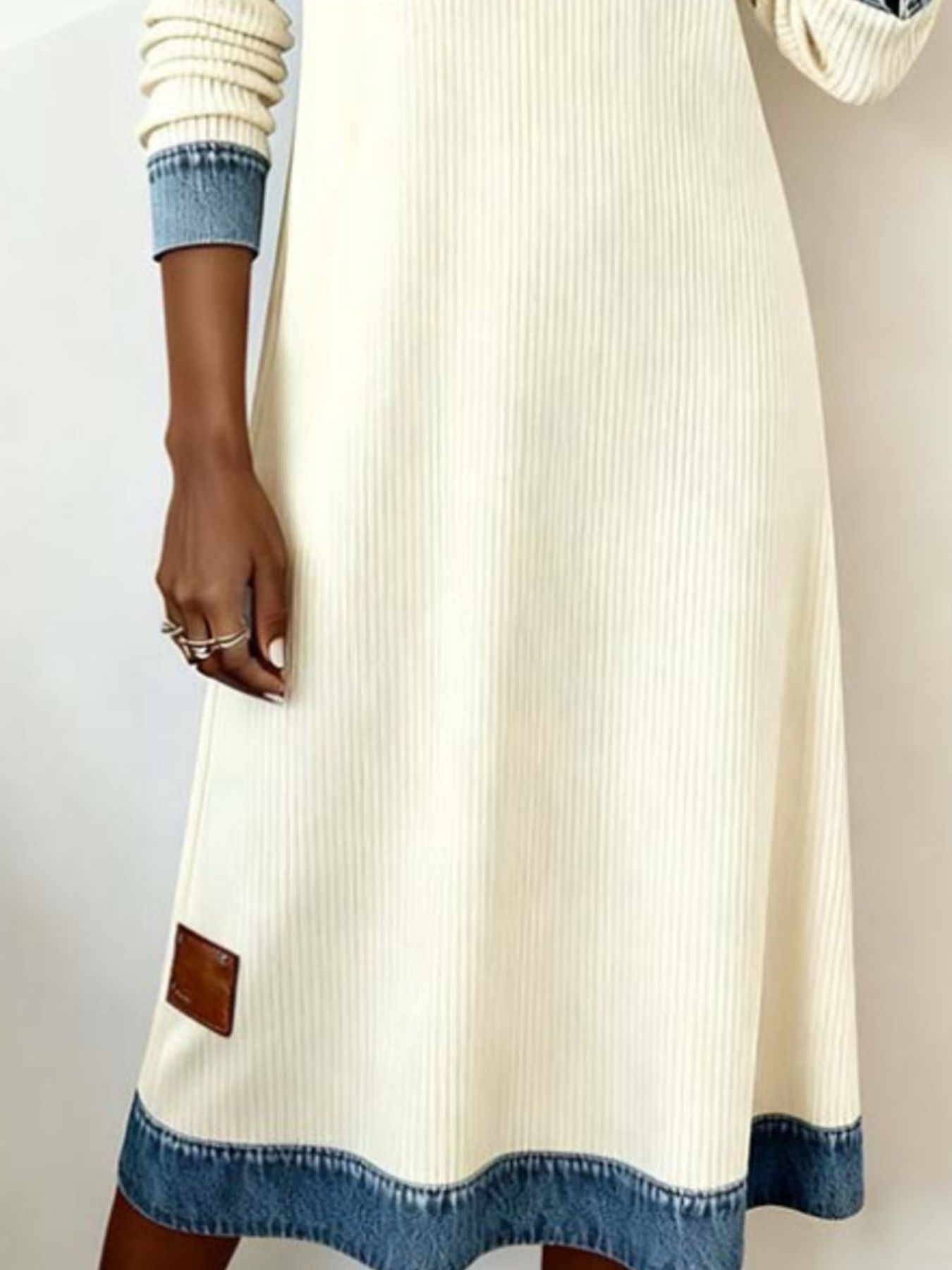 Full Size Denim Trim Ribbed Knit Midi Dress Plus Size