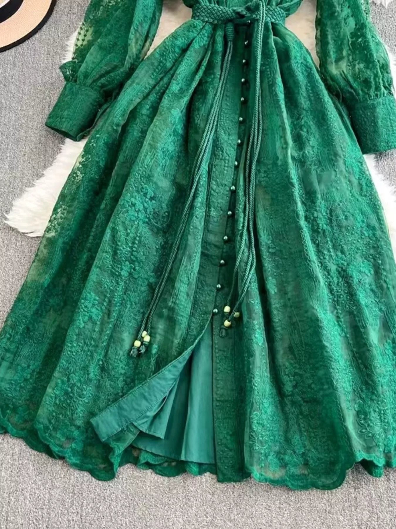 Lace Tie Waist Long Sleeve Dress