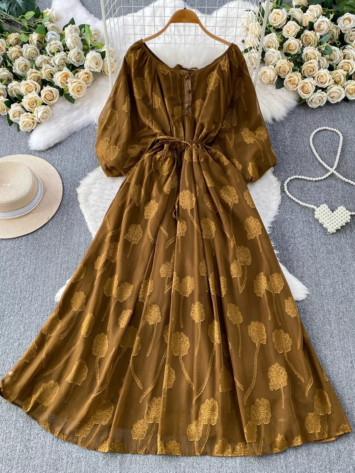 Button Front Puff Sleeve Chiffon Dress