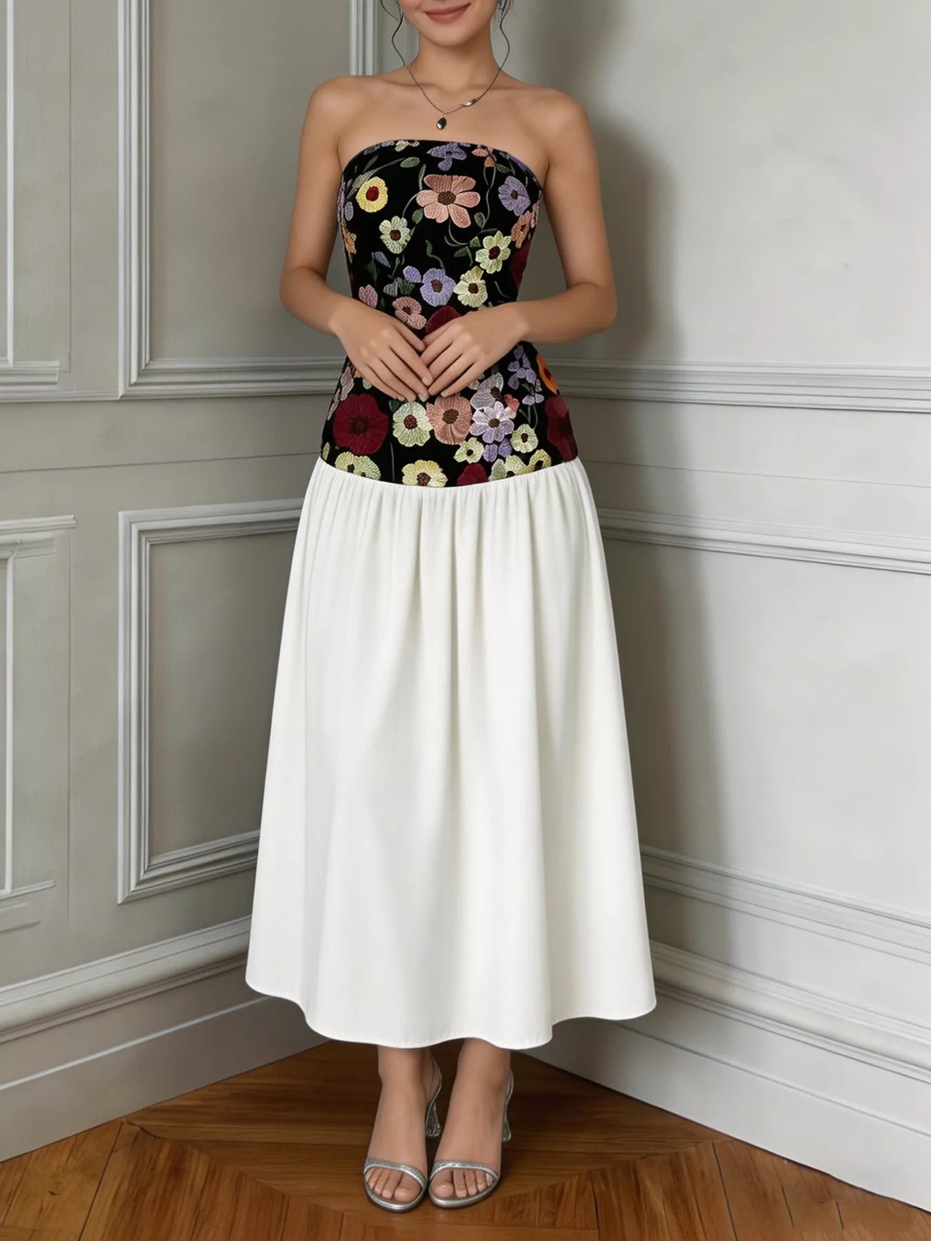 Floral Embroidered Tube Maxi Dress