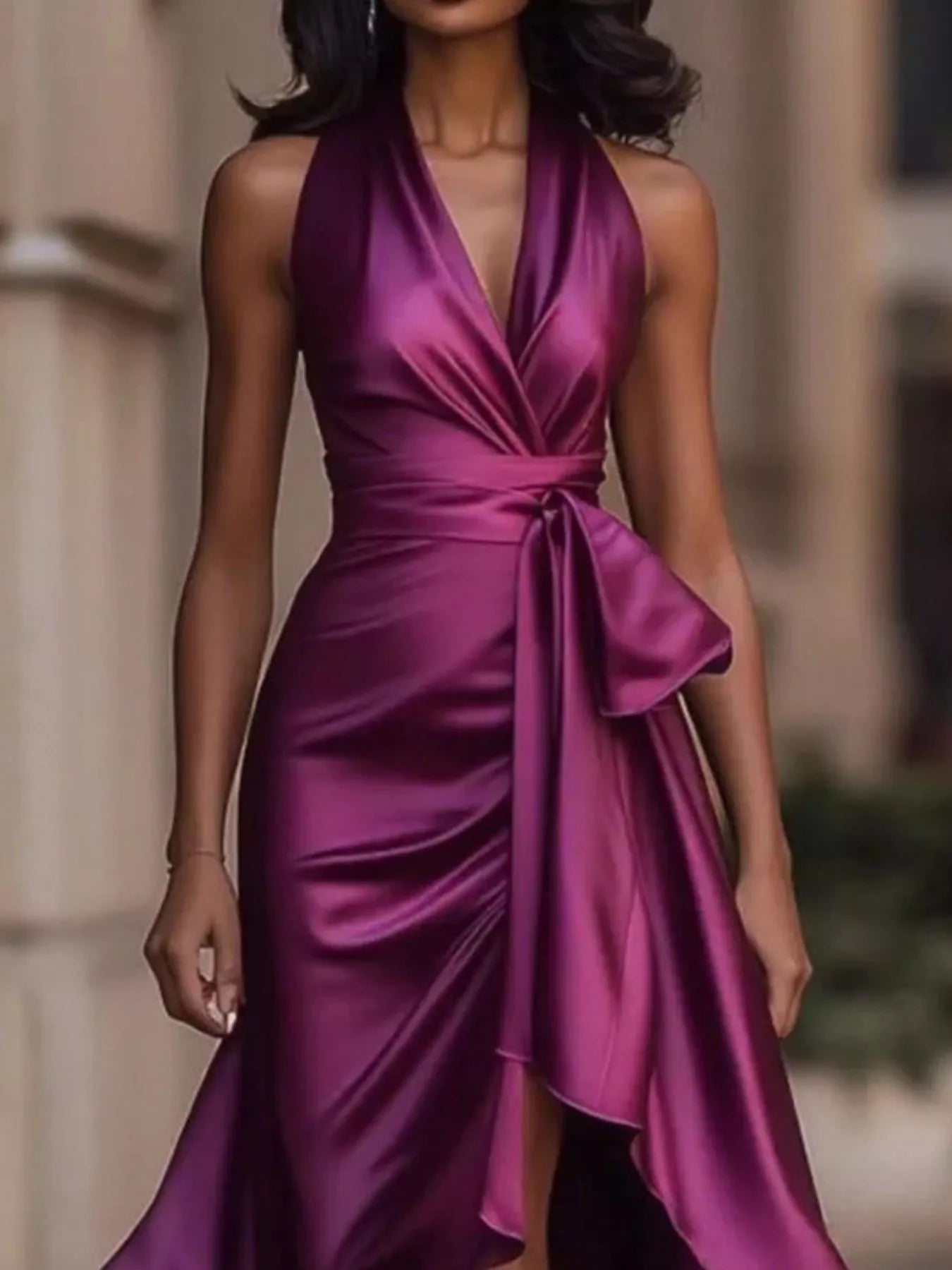 Full Size High-Low Ruffled Satin Maxi Dress Plus Size
