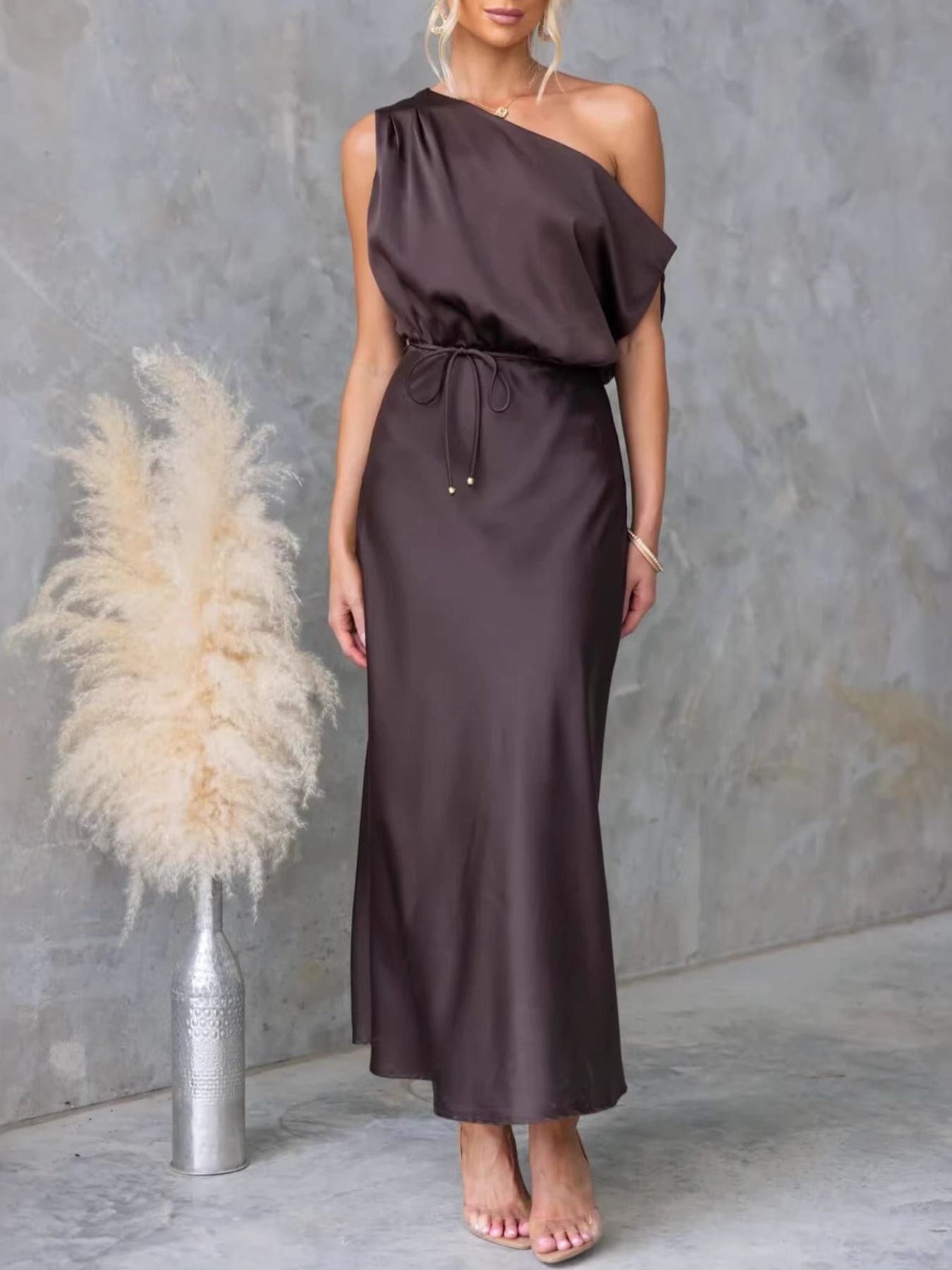 One-Shoulder Tied Midi Dress