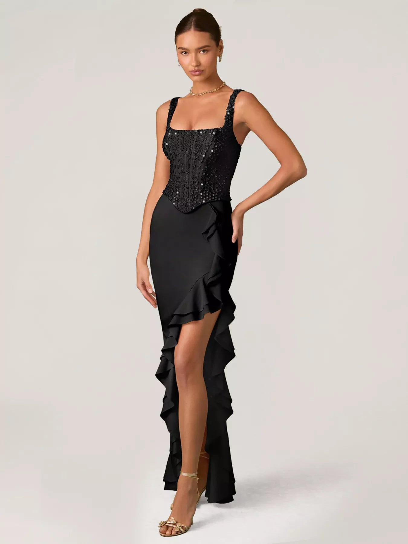 Sequin Ruffle Hem Maxi Dress