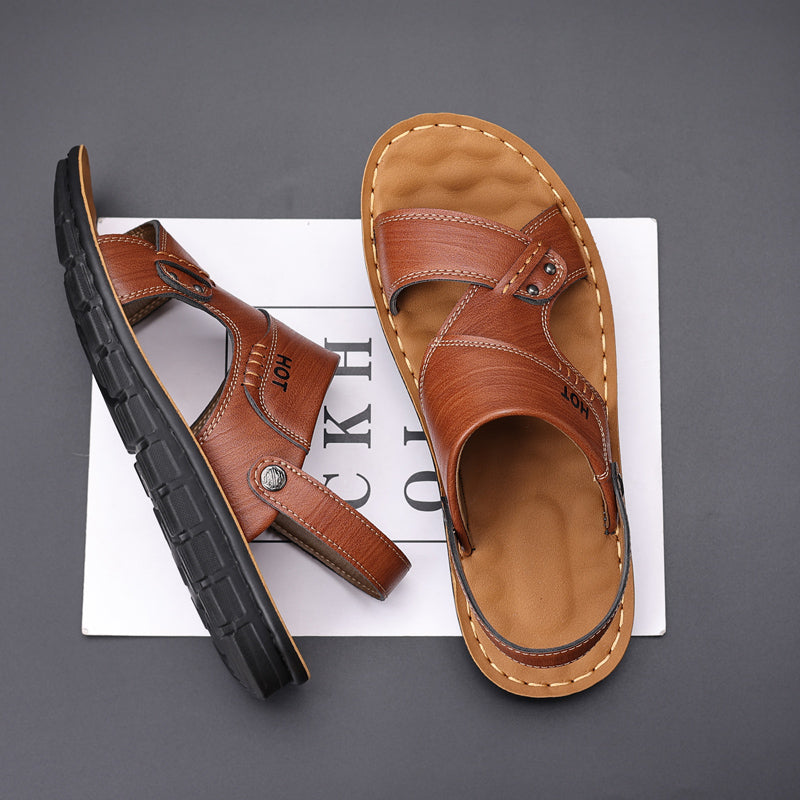 Men's Soft Leather Sandals, Summer Anti-slip Genuine Soft Leather Dual-wear Casual Soft Sole Sandals For Middle-aged Dad & Beach