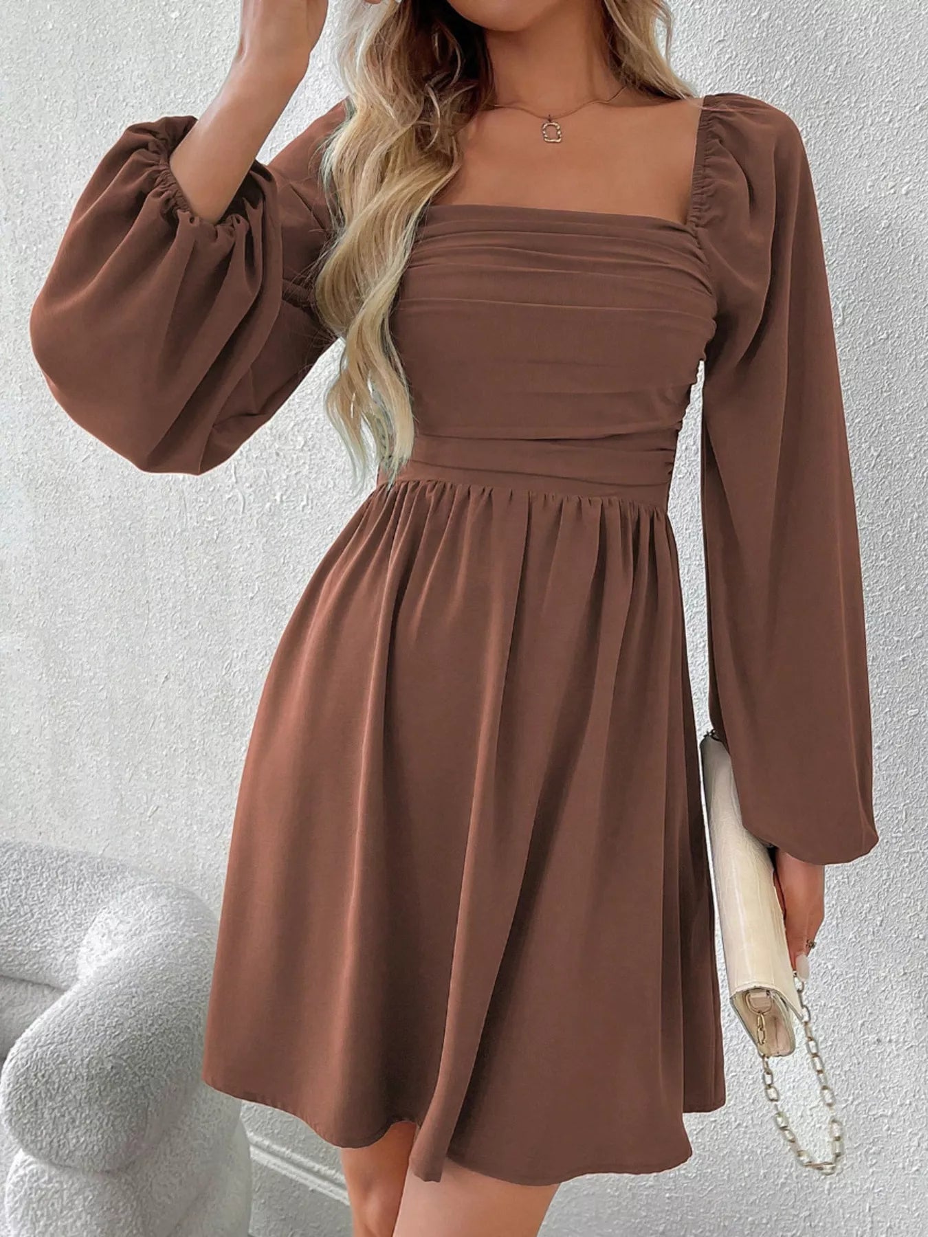 Ruched Square Neck Long Sleeve A-Line Dress