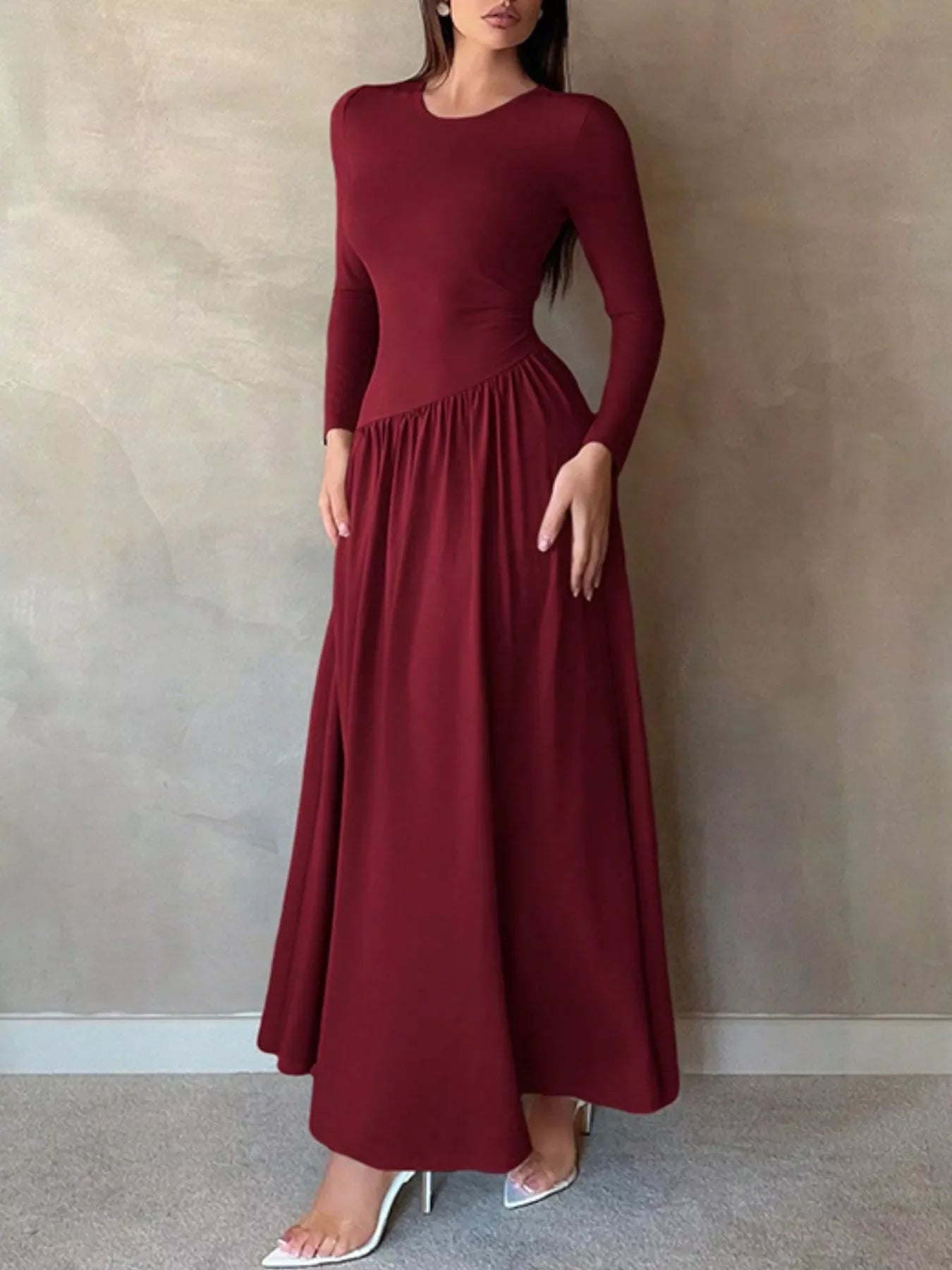 Long Sleeve Ruched A-Line Maxi Dress