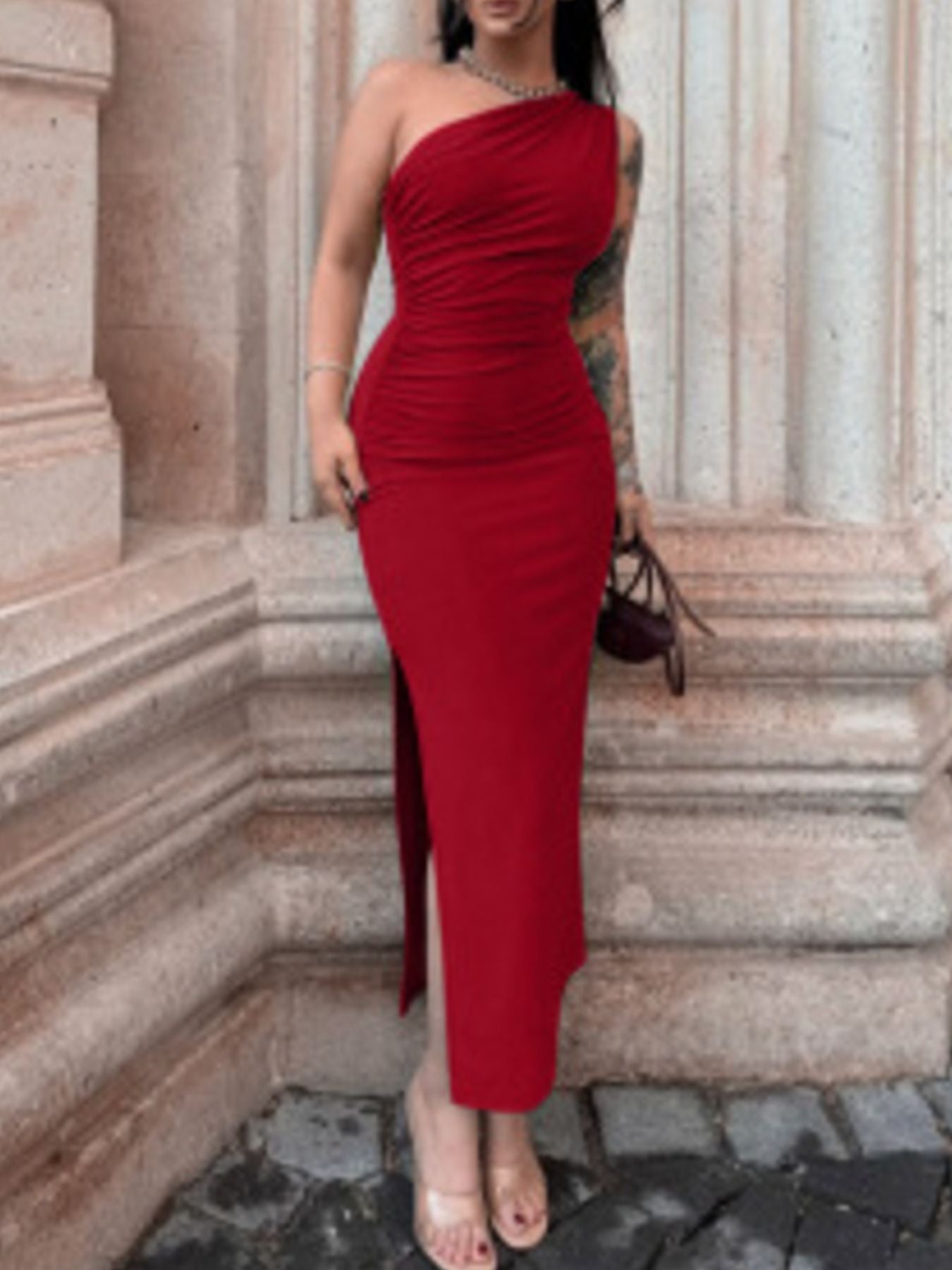 One-Shoulder Ruched Bodycon Slit Dress