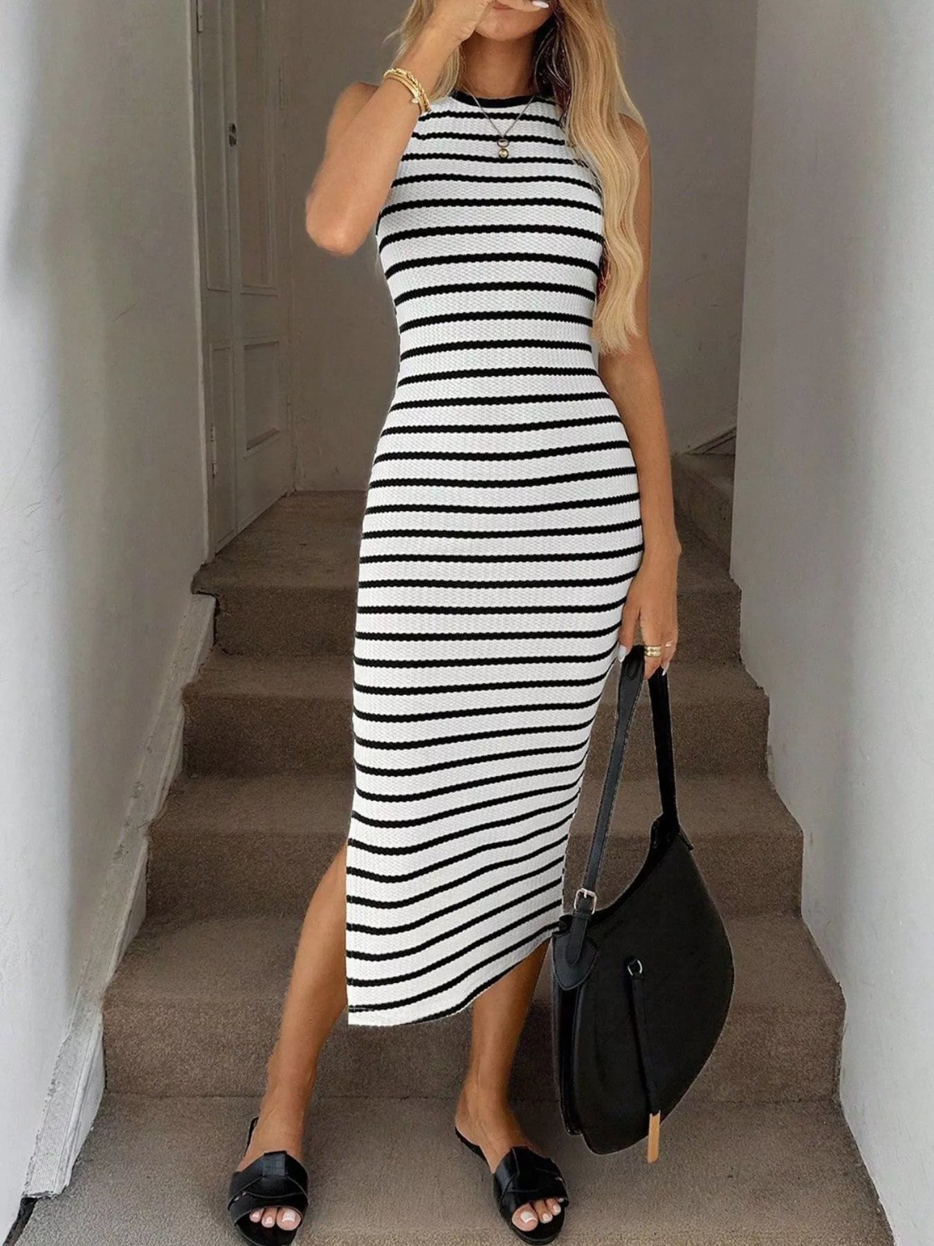 Sleeveless Striped Bodycon Midi Dress