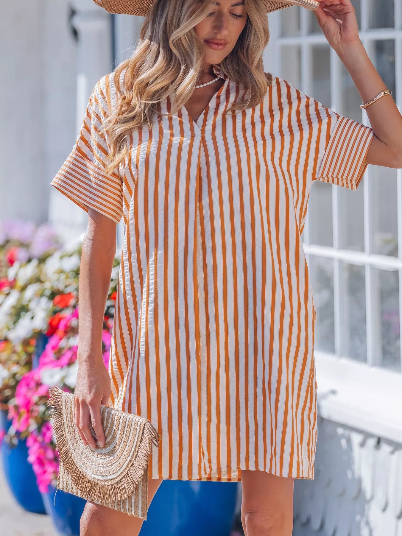 Stripe Pinched V Neck Turn-up Cuffs Shift Mini Dress