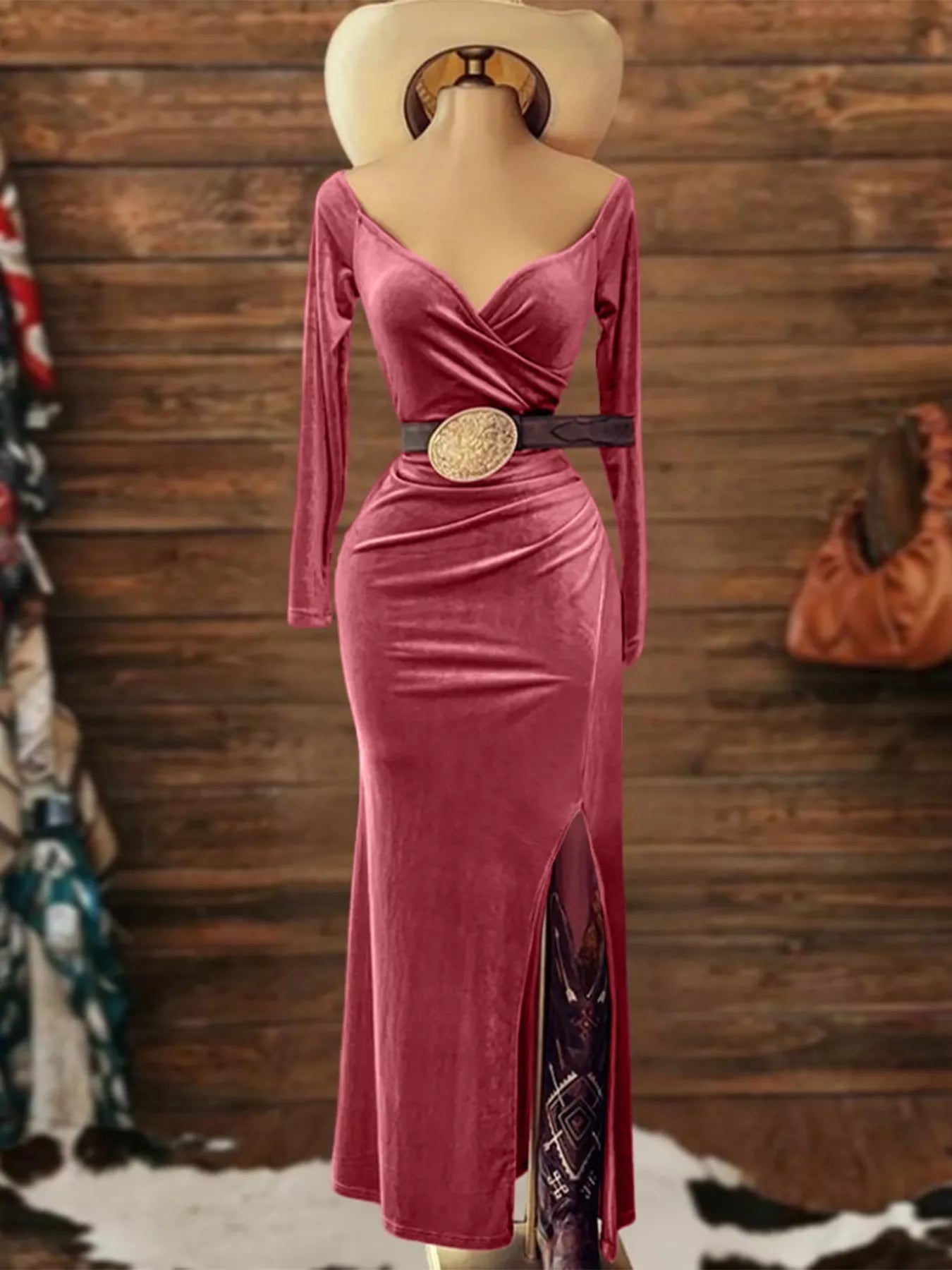 Long Sleeve Wrap Midi Dress with Slit