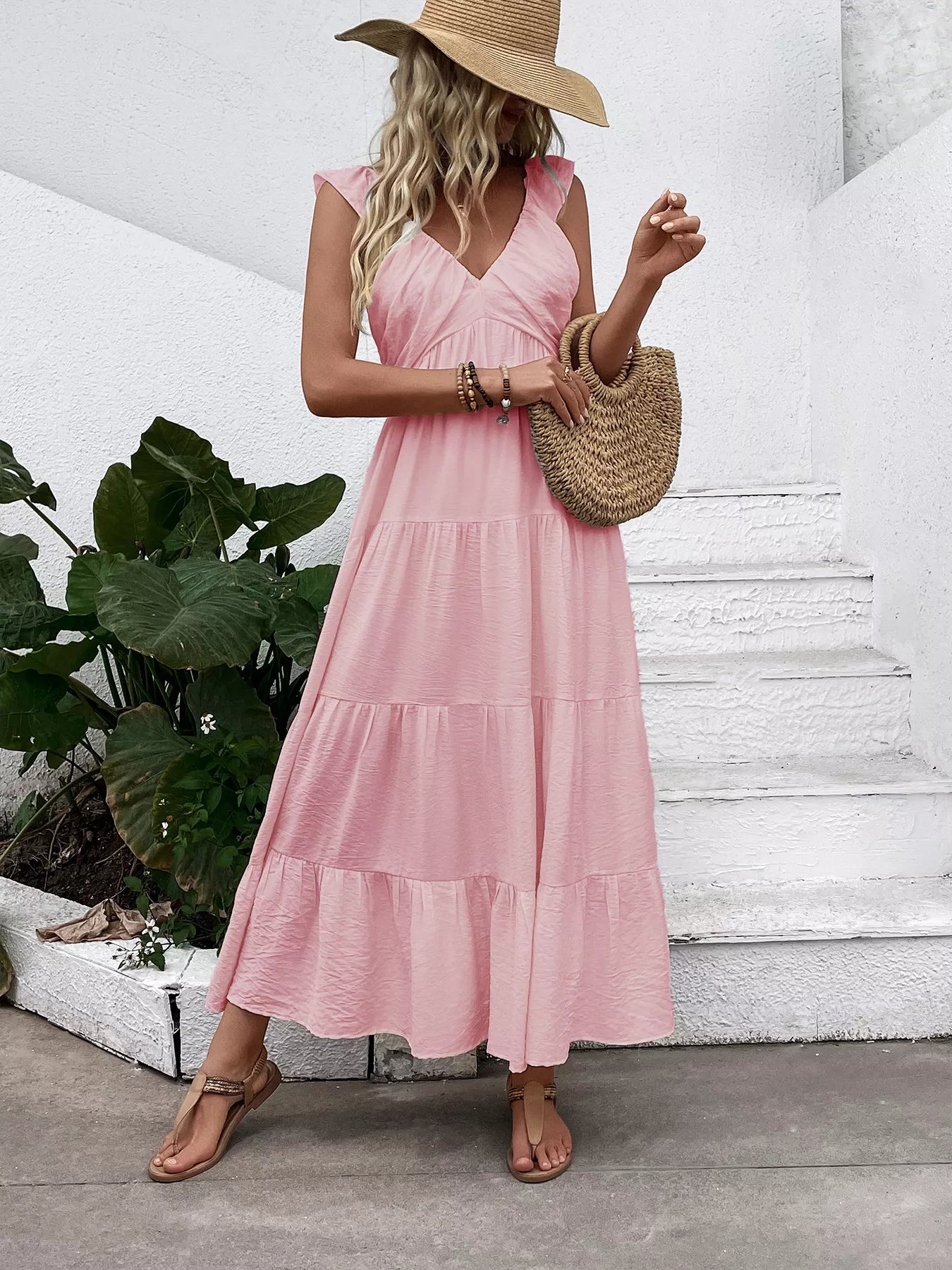 V-Neck Tiered Dress with Flutter Sleeves