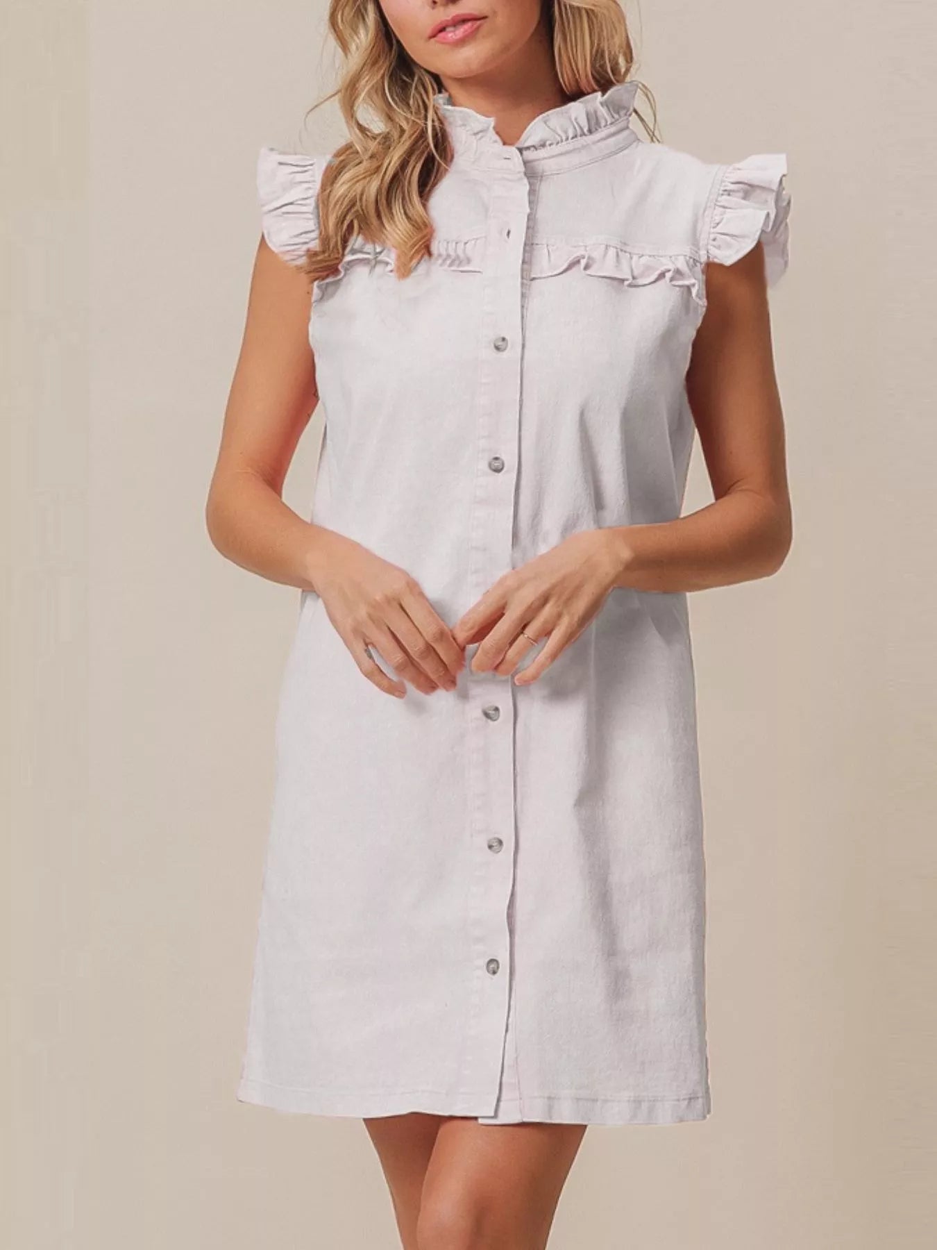 Ruffled Trim Button-Down Denim Dress