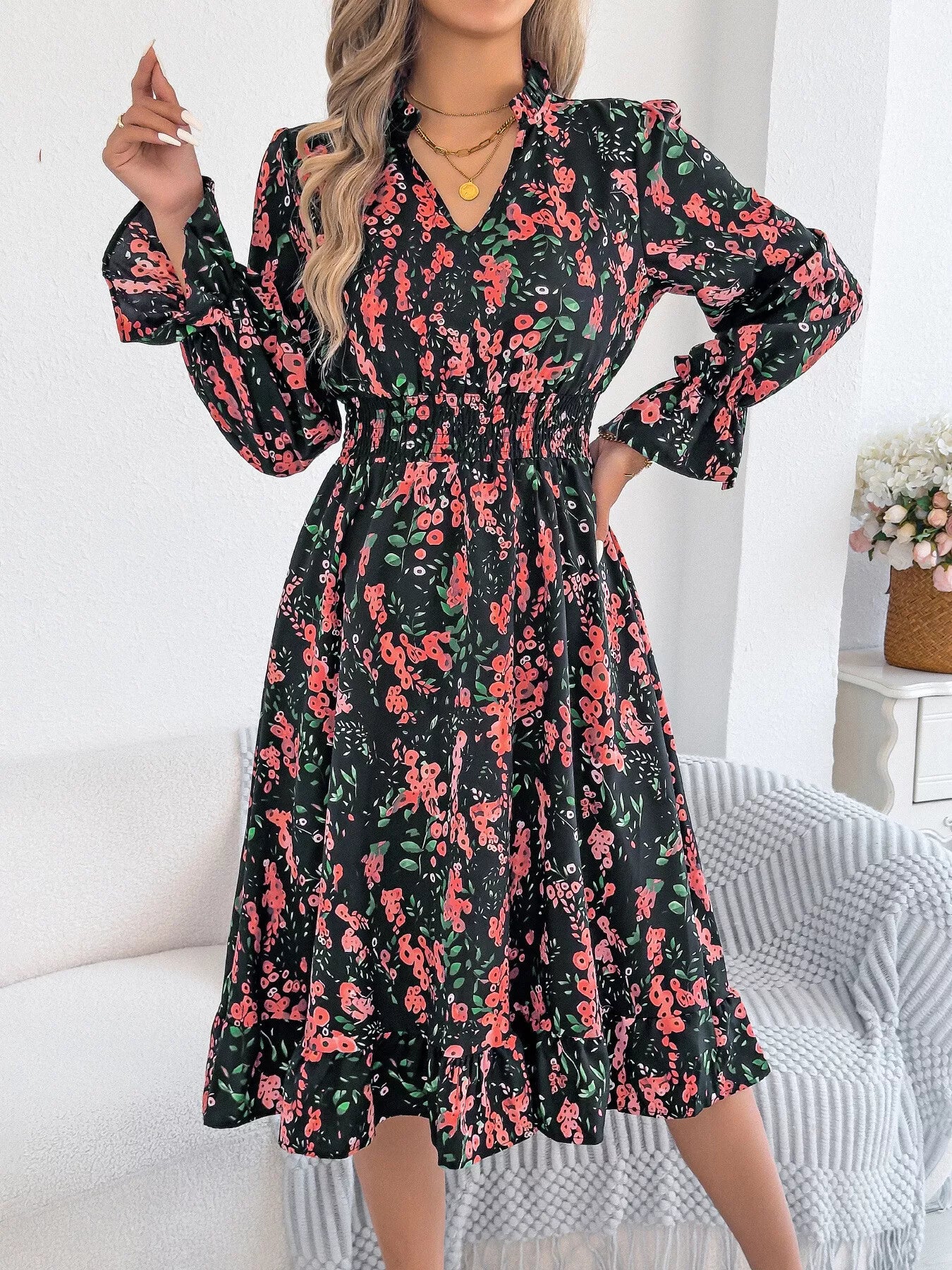 Floral Print Ruffle Hem Flounce Sleeve A-Line Dress