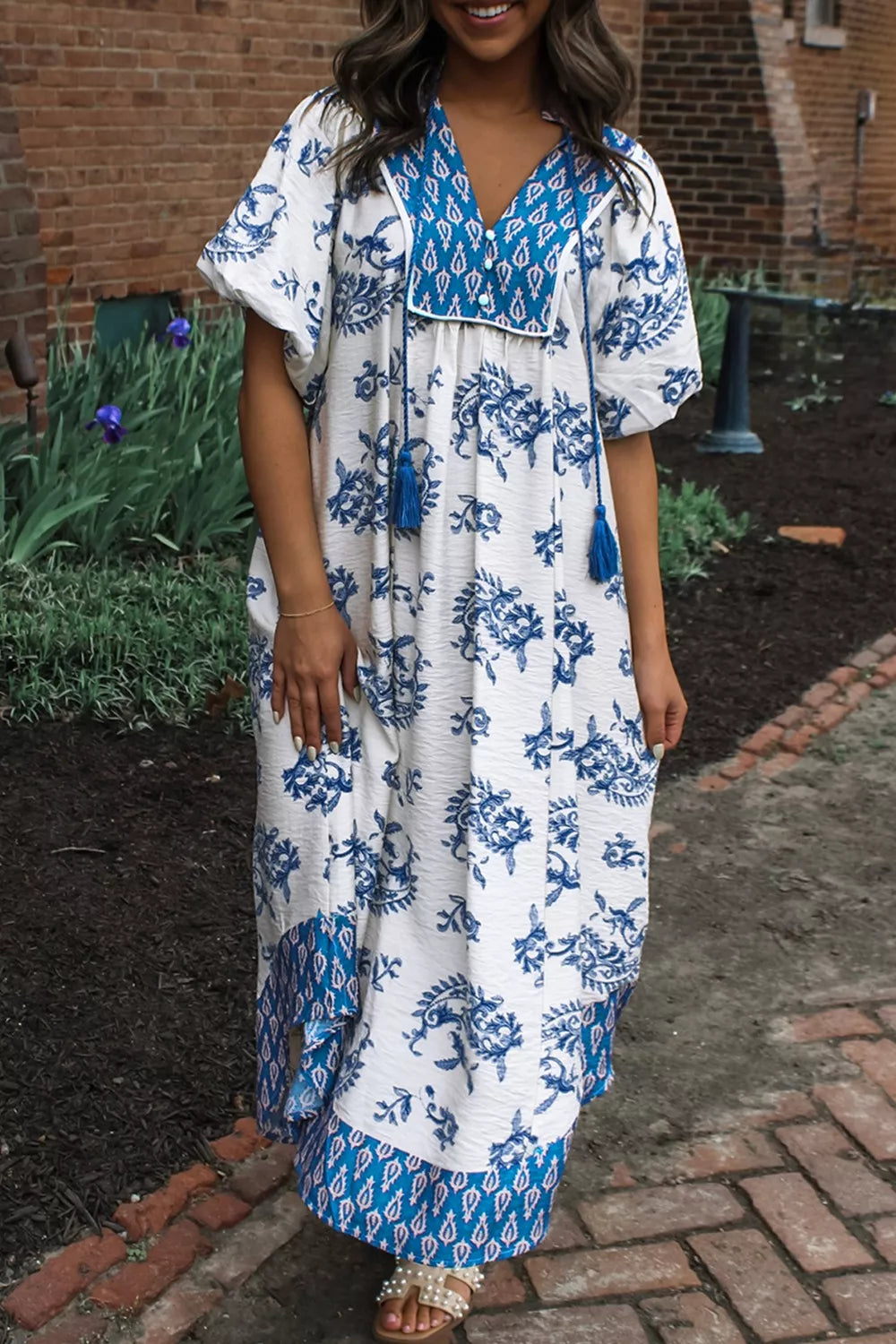 Floral Print Contrast Boho Patchwork V Neck Loose Midi Dress