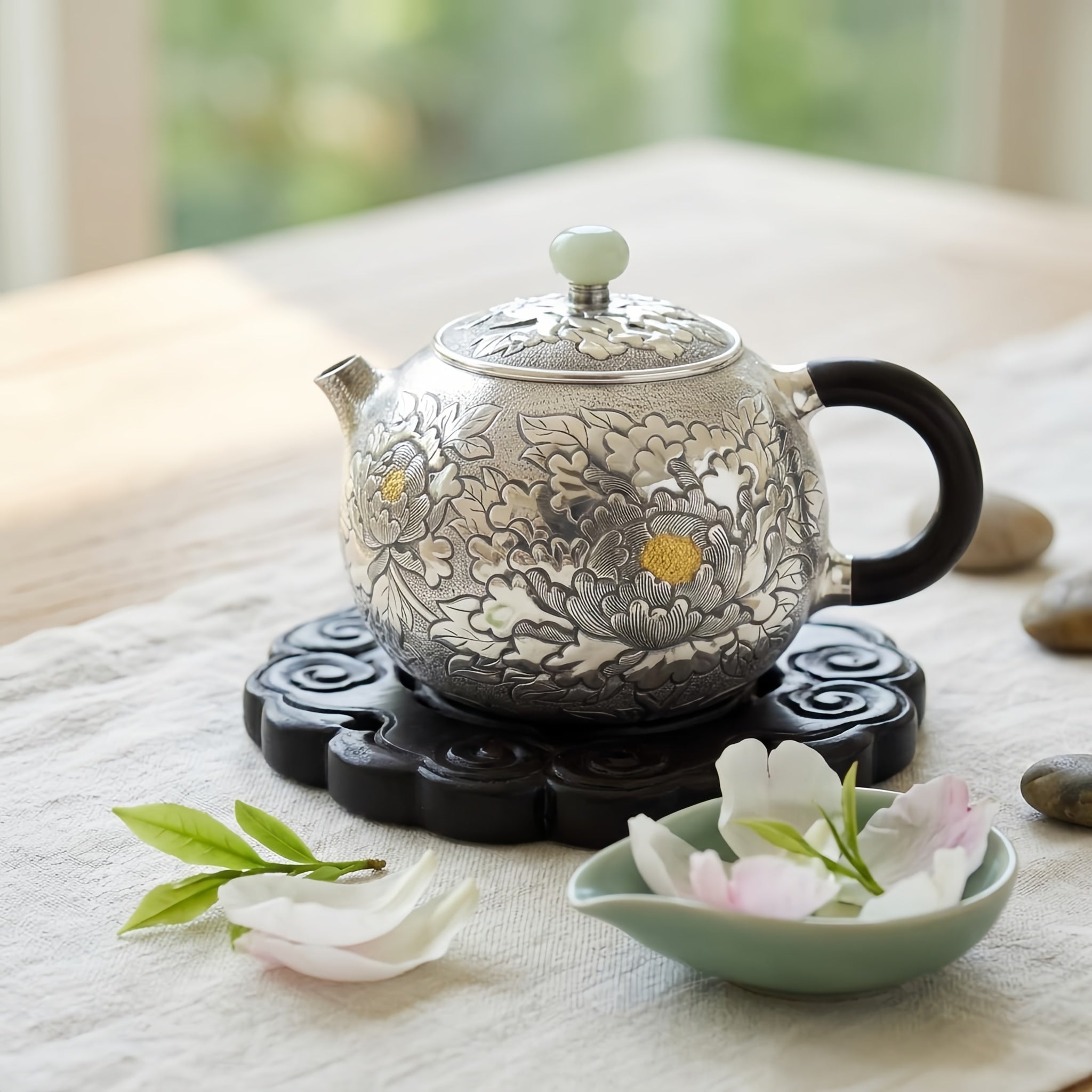 Pure 999 Fine Silver Handcrafted Silver Peony Teapot with Ebony Handle and Jade Finial - Handicraft