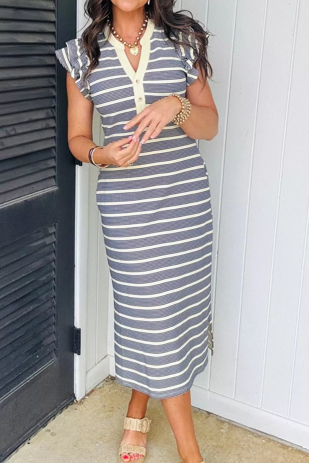 Stripe Ruffled Short Sleeve Contrast Trim Button Notched Neck Midi Dress