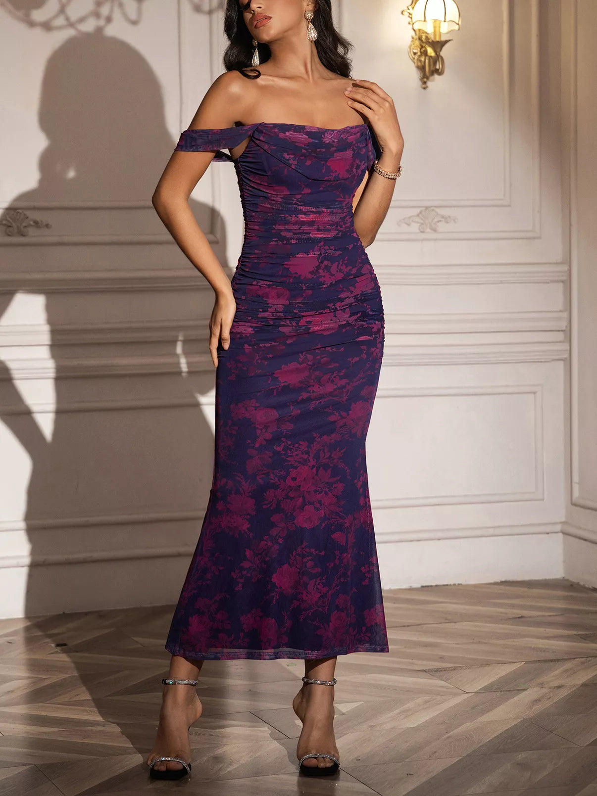 Off-Shoulder Ruched Floral Mermaid Dress