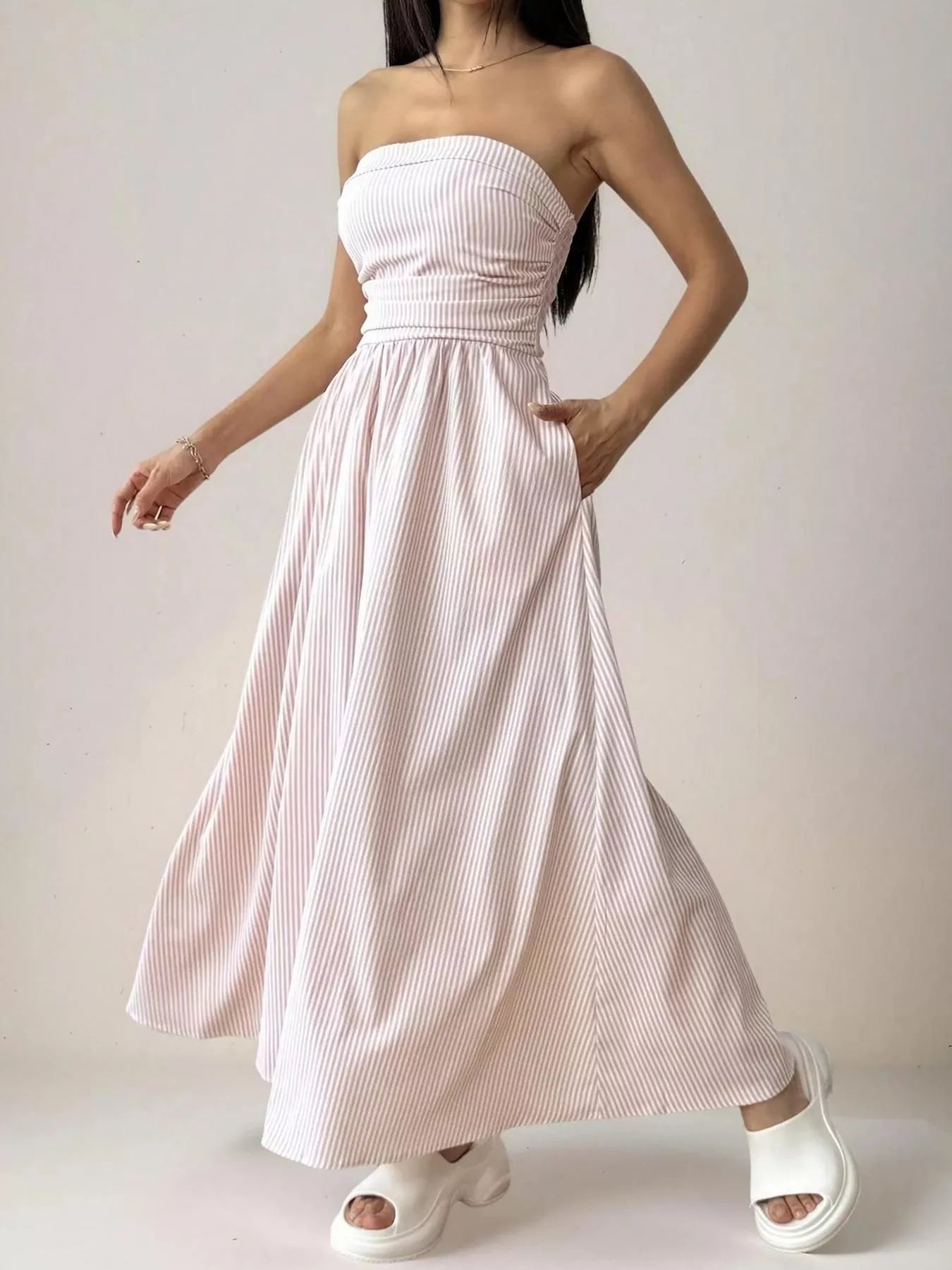 Striped Strapless Casual Maxi Dress