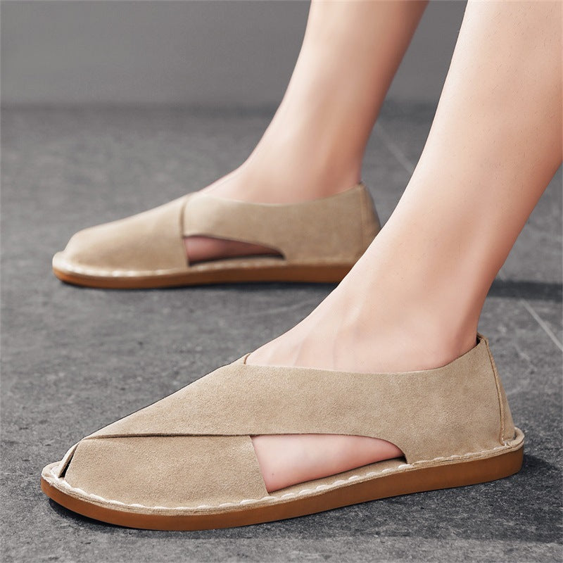 Plus-size Leather Slip-on Outdoor Casual Hollow-out Sandals