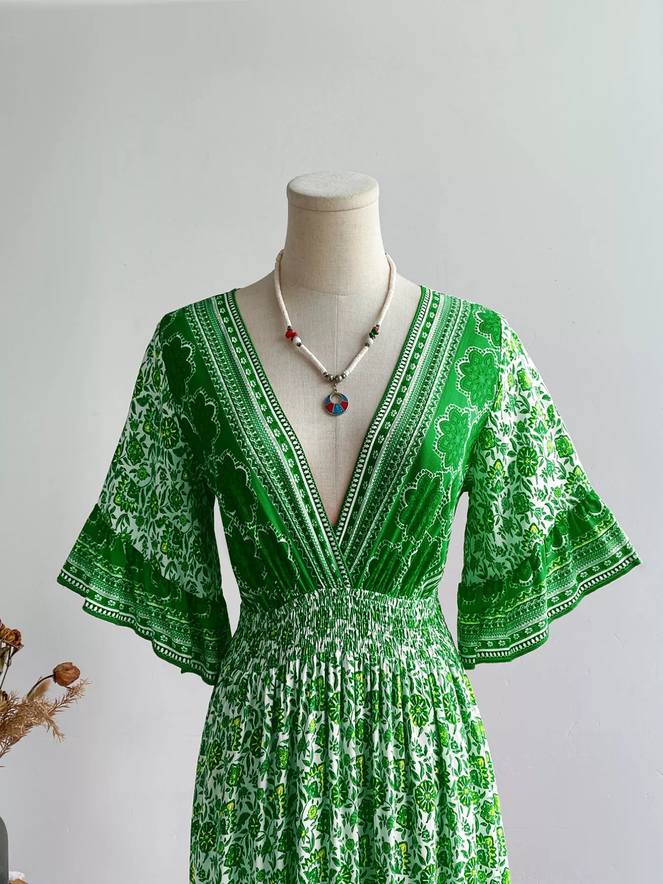 Floral Deep V-Neck Flutter Sleeves Dress