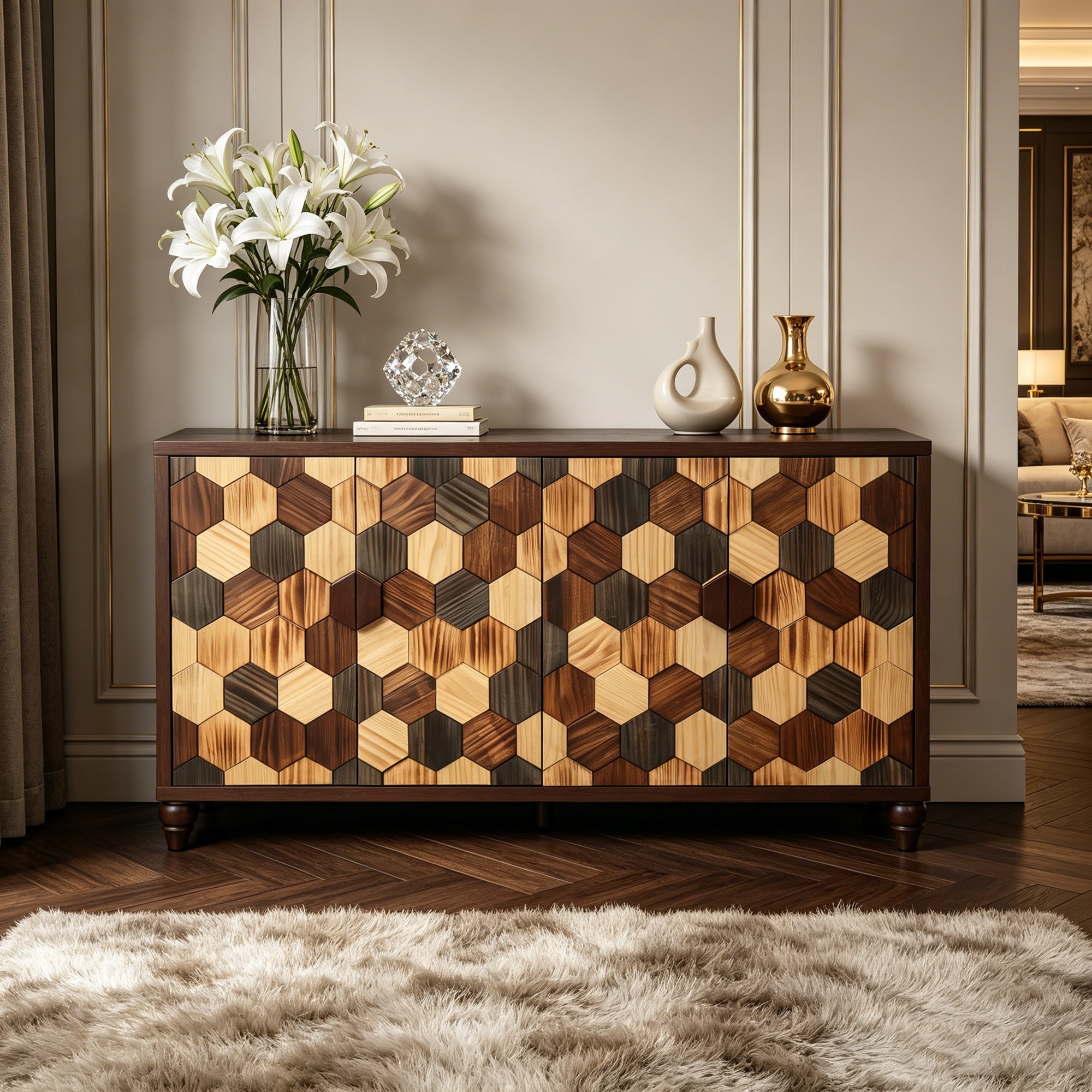 59.8" Sideboard With Honeycomb Pattern, Modern Accent Cabinet