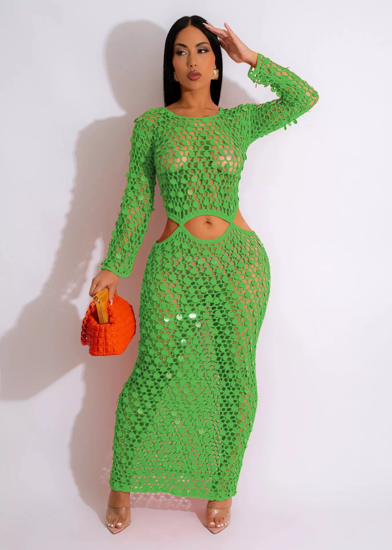 Sequin Mesh Cutout Maxi Dress