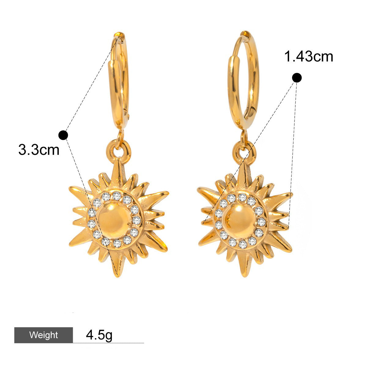 18k gold sun-shaped diamond-studded earrings with unique design