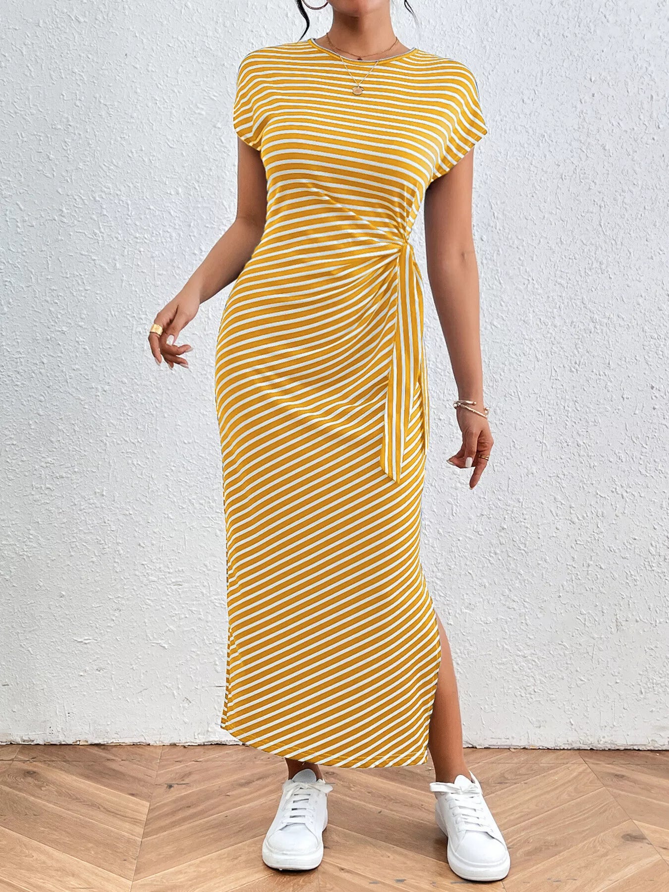 Striped Tie Side Casual Midi Dress